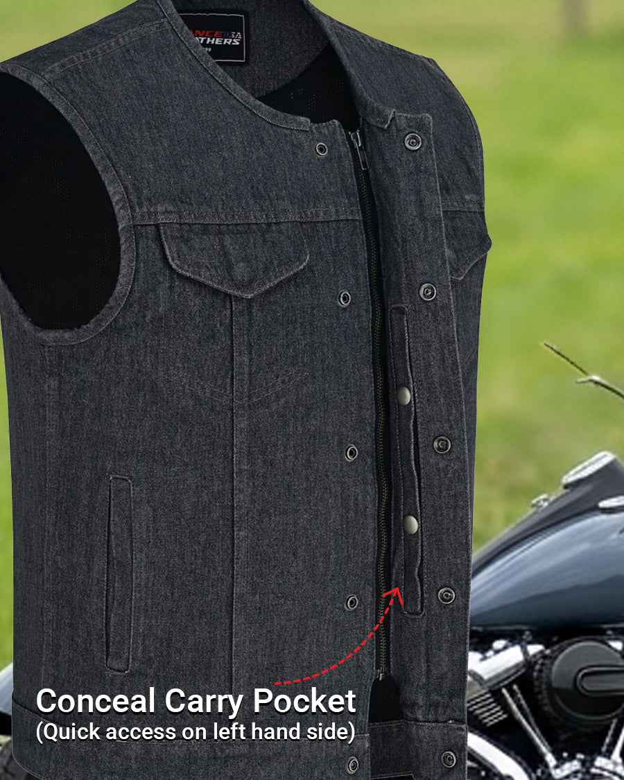 Grey denim club vest graphic pointing to the quick-access concealed carry pocket beneath the left front snap placket.