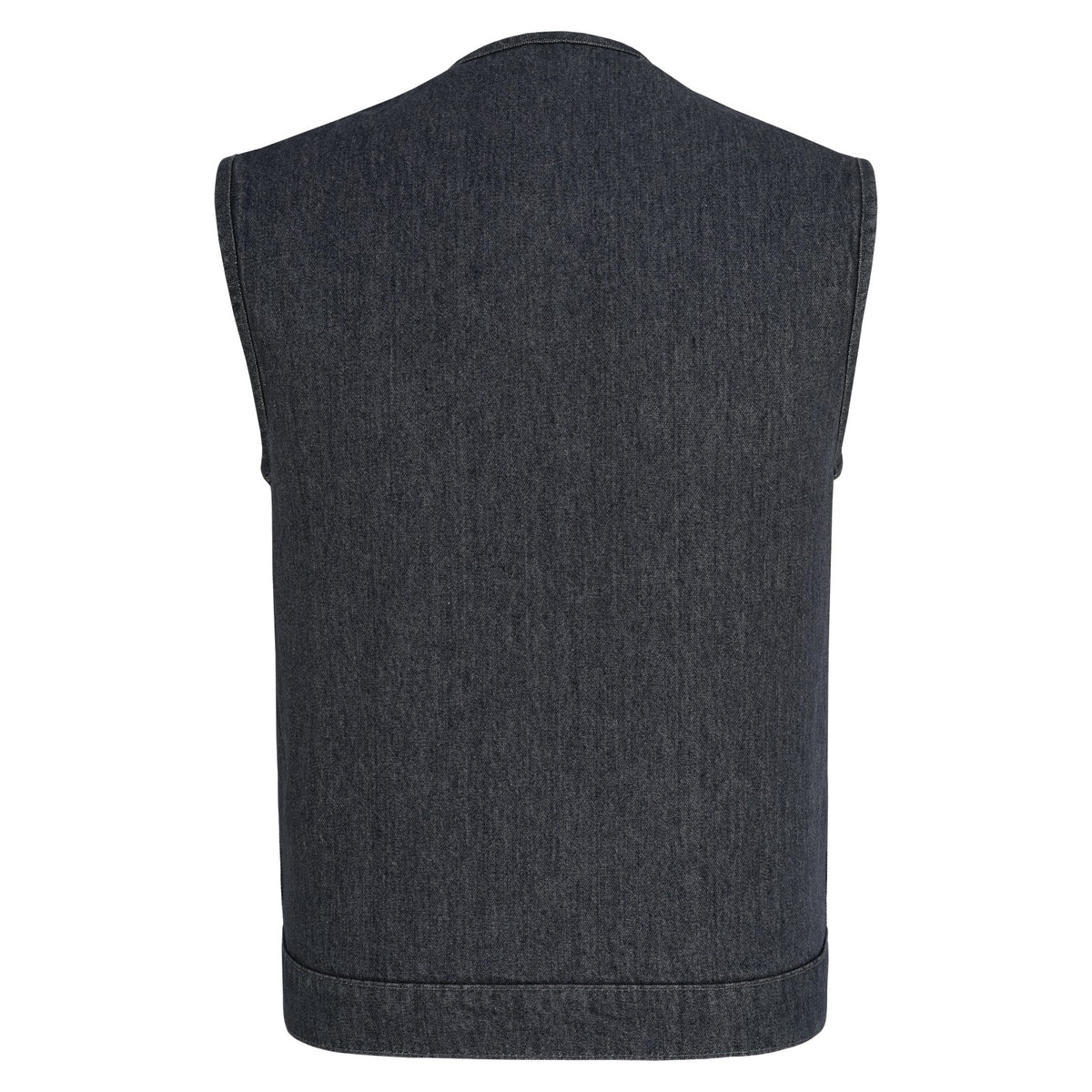 Rear view of the grey denim motorcycle club vest with a large plain back panel for patches and a wide stitched lower band.