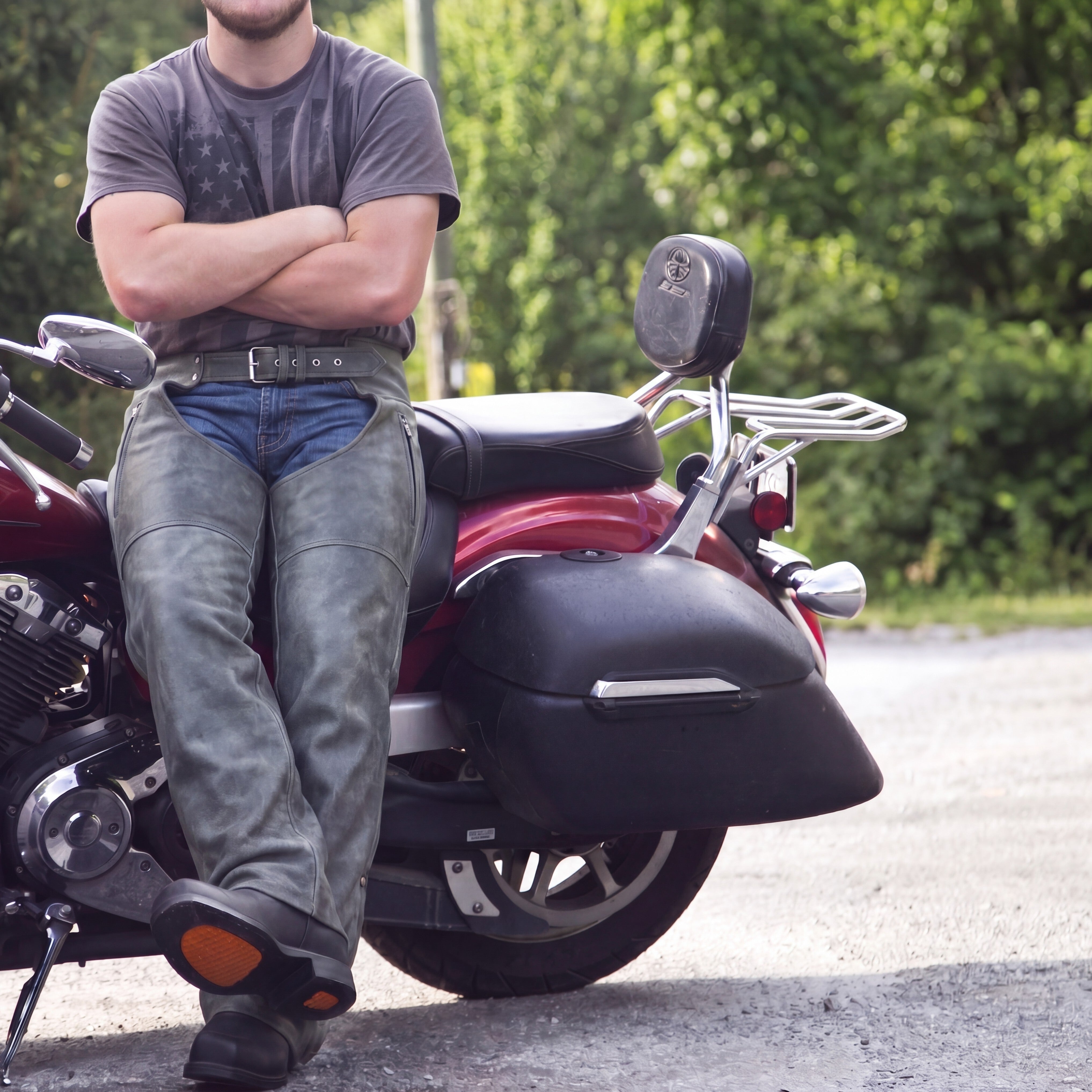High Mileage Unisex Premium Cowhide Vintage Distressed Gray Biker Leather Motorcycle Chaps - lifestyle image-1