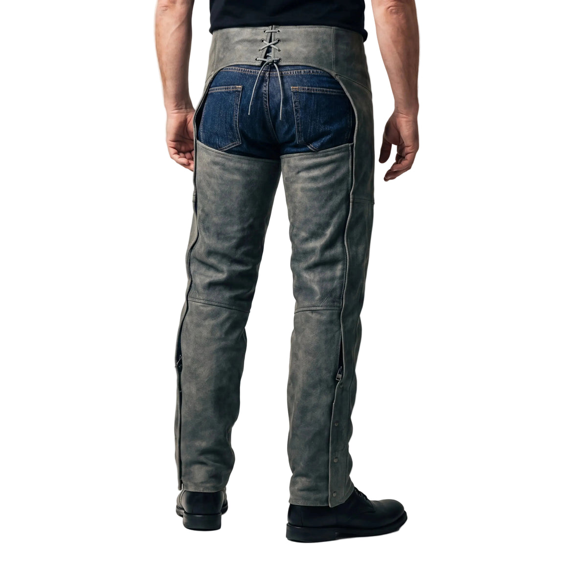 High Mileage Unisex Distressed Gray Premium Cowhide Leather Motorcycle Chaps w/ Belt & Laces Vintage Cruiser Riding Chaps w/ Quilted Liner & Zippered Pocket - back pose