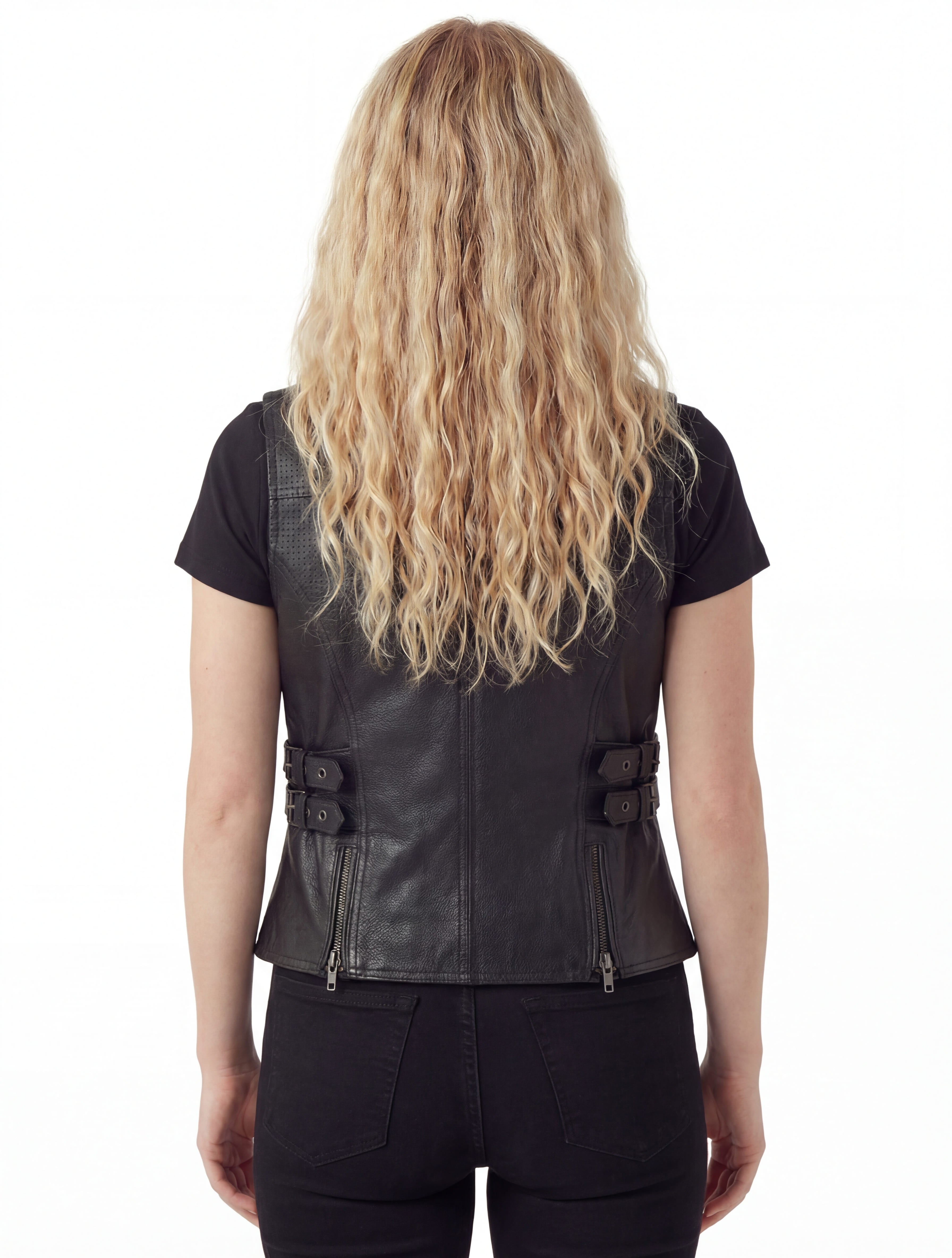 High Mileage Womens Black Premium Cowhide Biker Motorcycle Leather Vest With Buckles - back pose