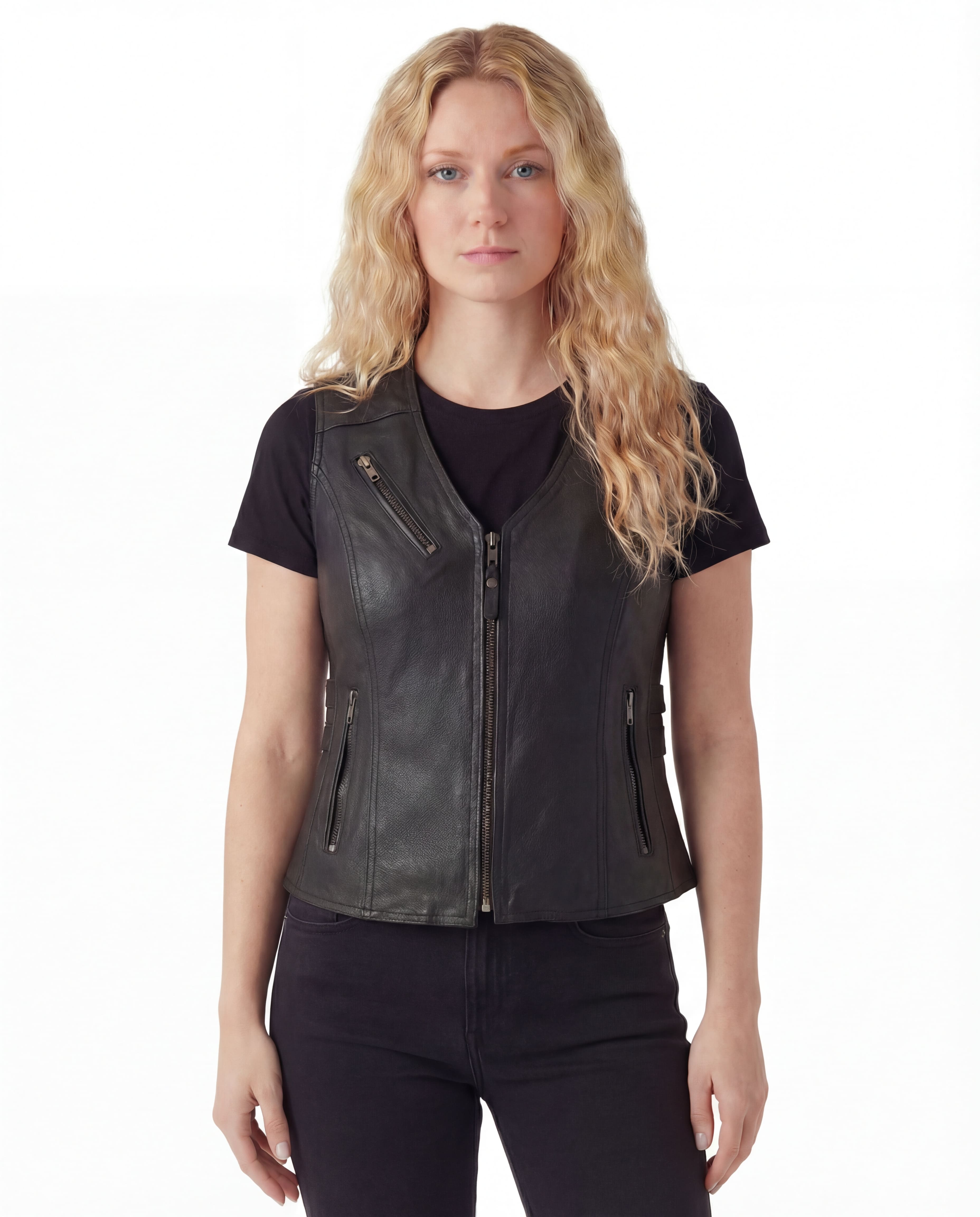High Mileage Womens Black Premium Cowhide Biker Motorcycle Leather Vest With Buckles