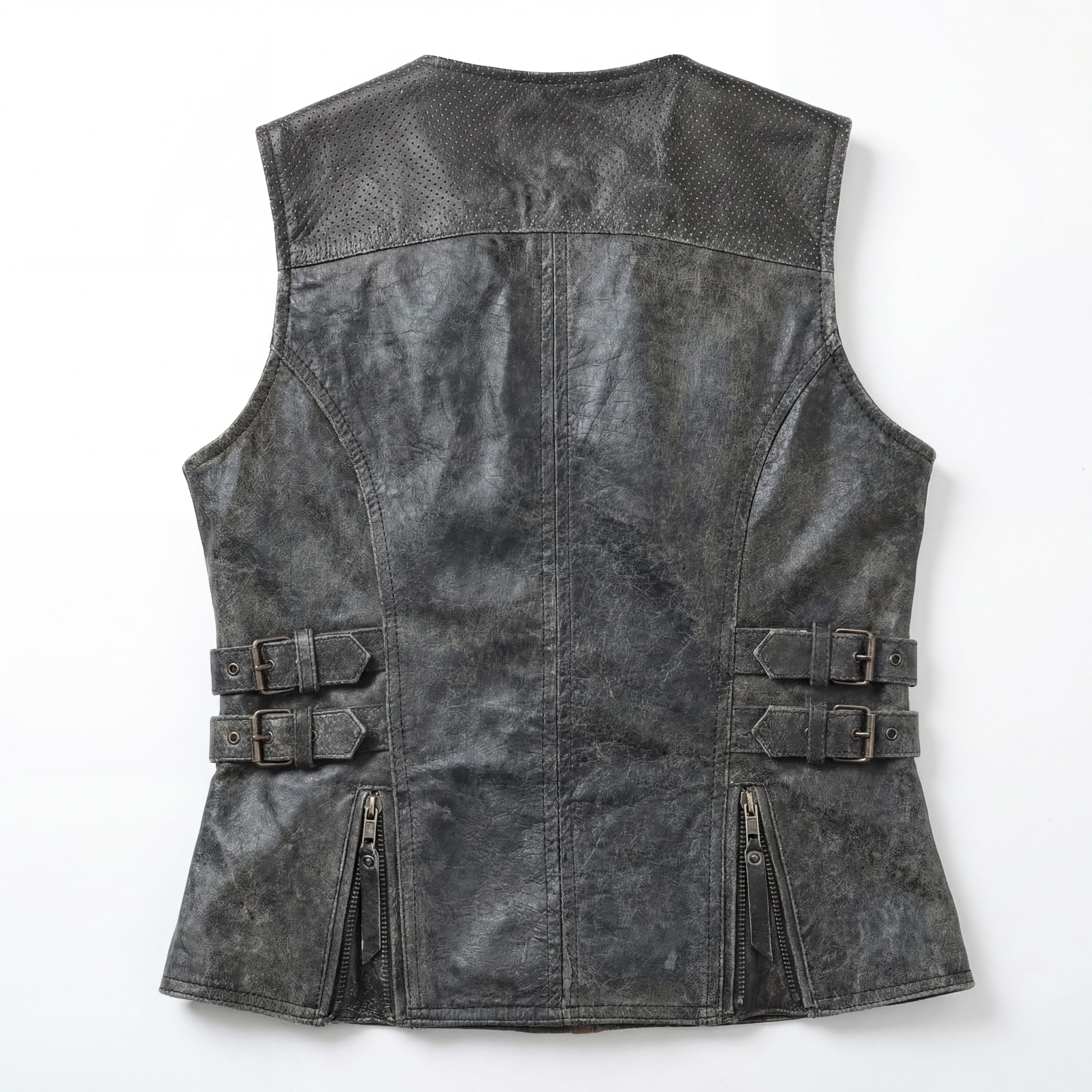 High Mileage Women's Distressed Gray Premium Cowhide Biker Motorcycle Leather Vest With Buckles