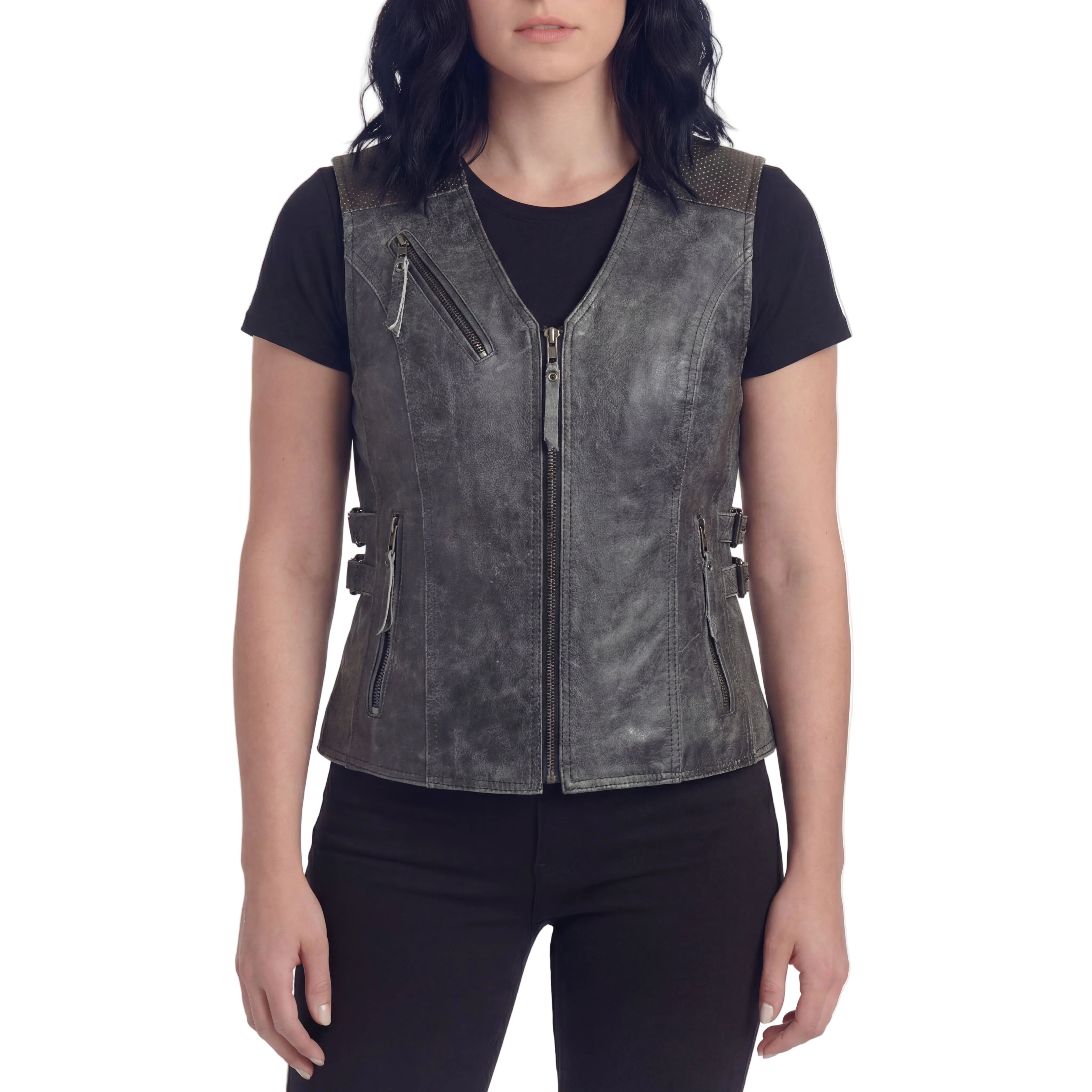 High Mileage Women Distressed Gray Motorcycle Leather Vest
