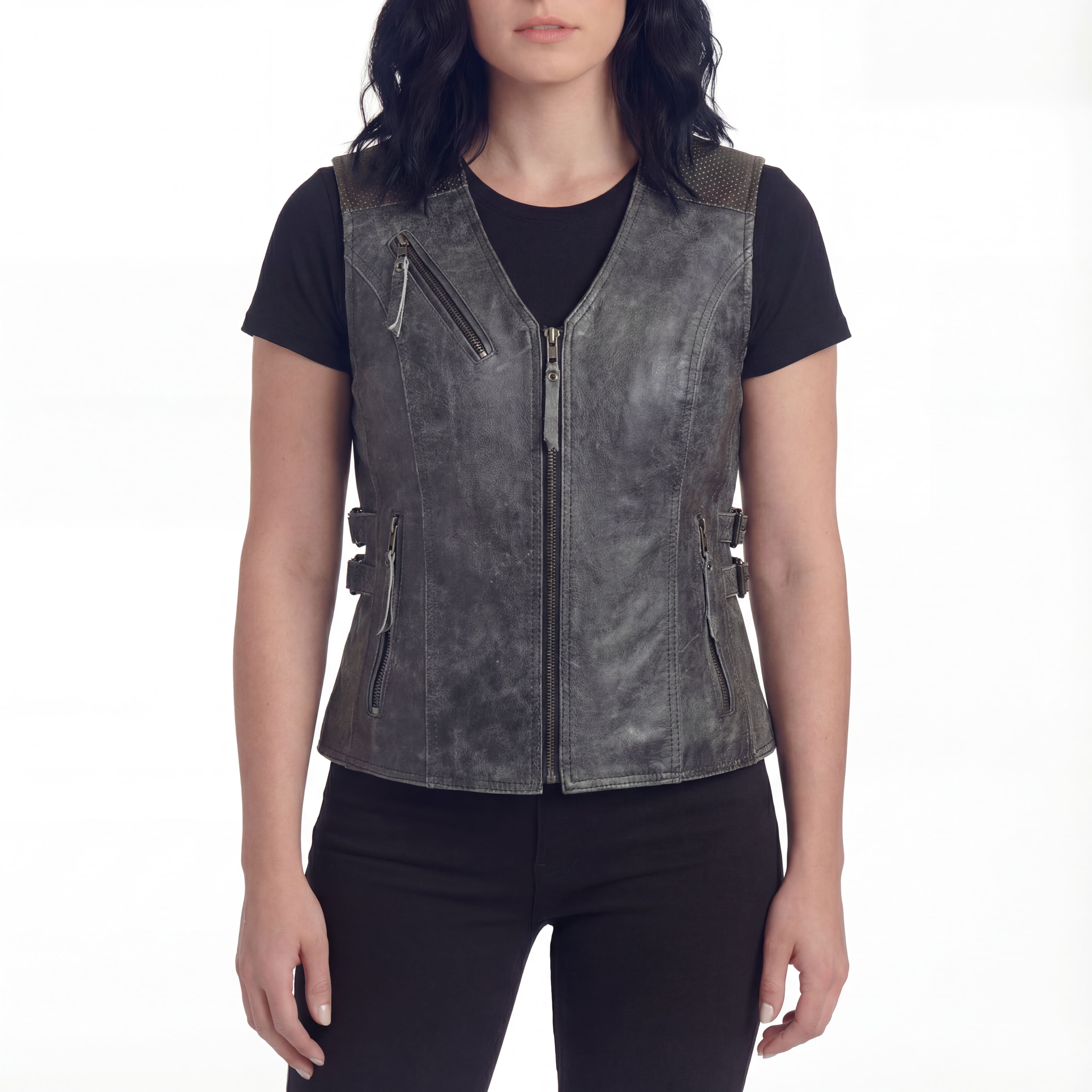High Mileage Women's Distressed Gray Premium Cowhide Biker Motorcycle Leather Vest With Buckles - Front