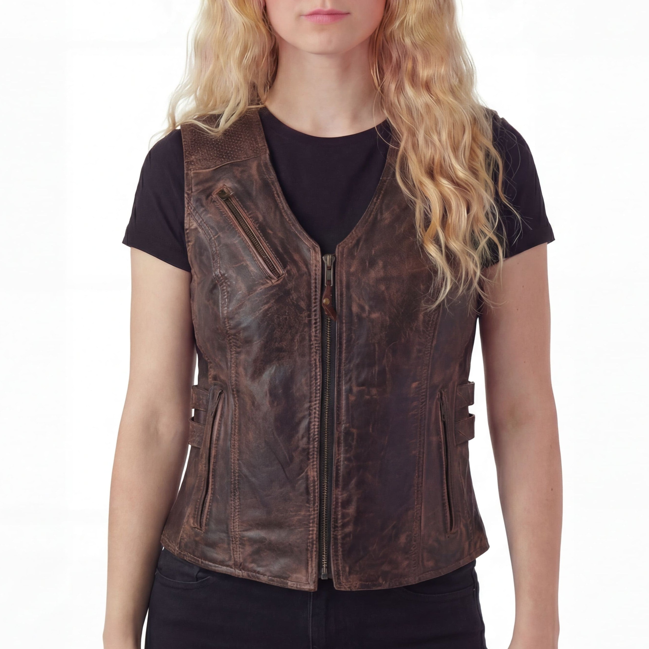 High Mileage Womens Vintage Brown Premium Cowhide Biker Motorcycle Leather Vest With Buckles - front pose