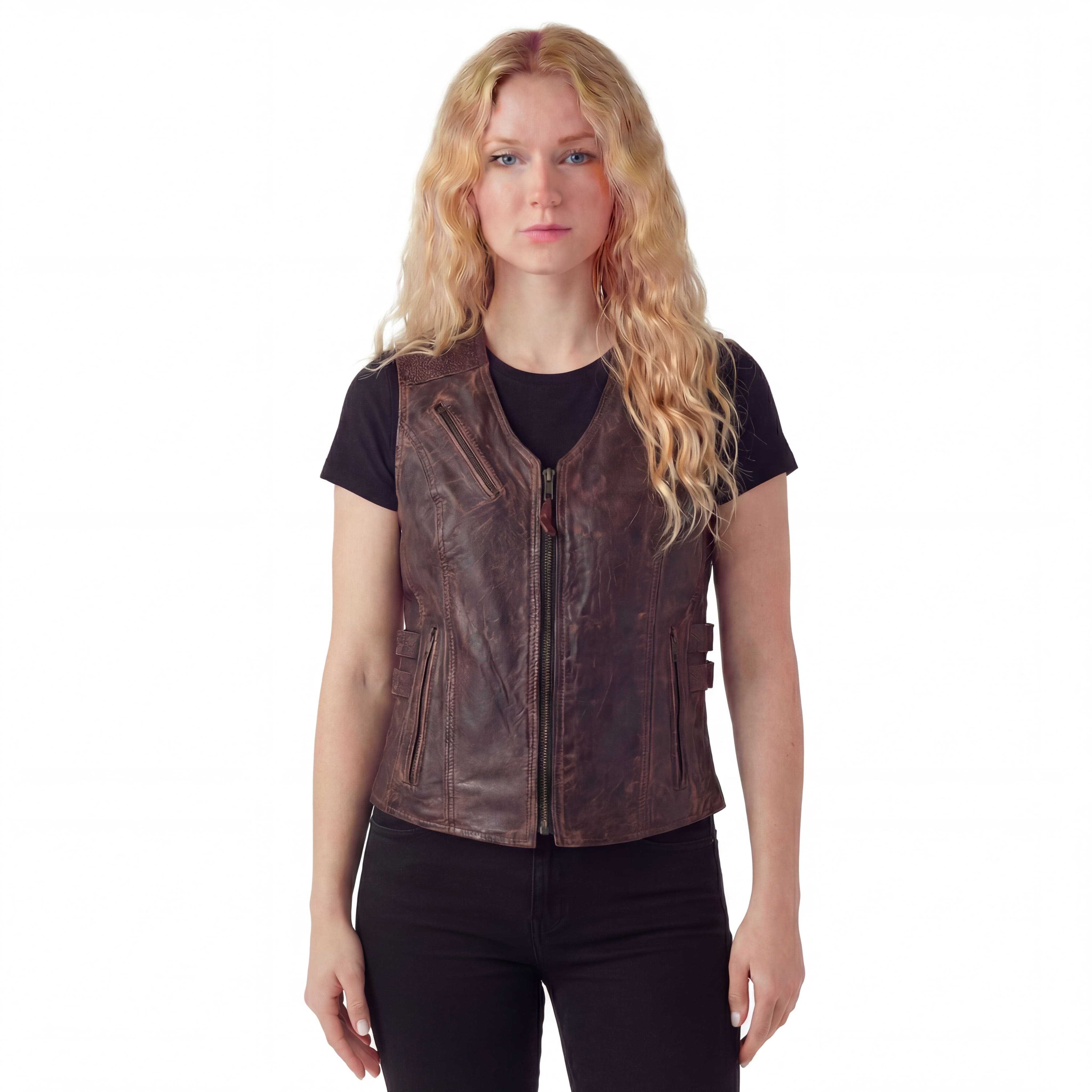 High Mileage Womens Vintage Brown Premium Cowhide Biker Motorcycle Leather Vest With Buckles
