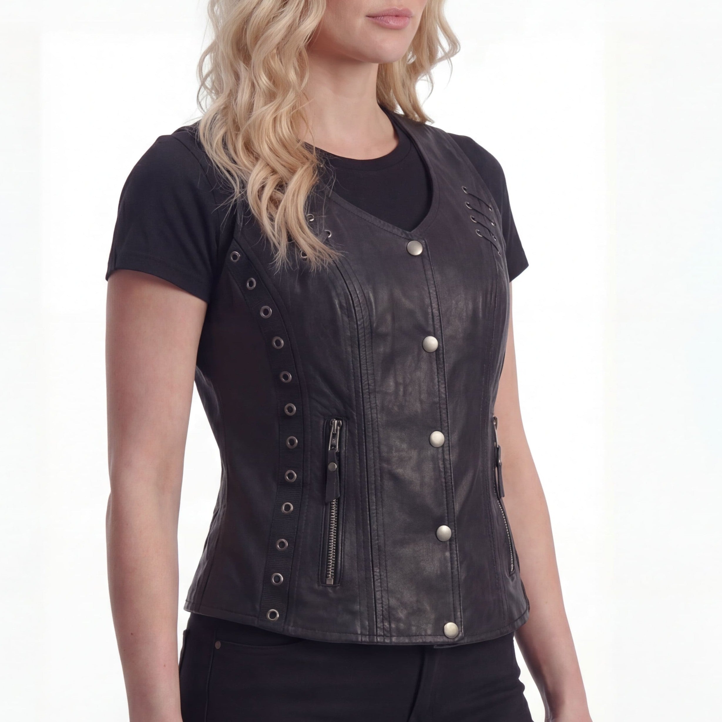 High Mileage Women's Black Premium Soft Goatskin Leather Vest With Twill Lace and Grommet Highlights - side pose