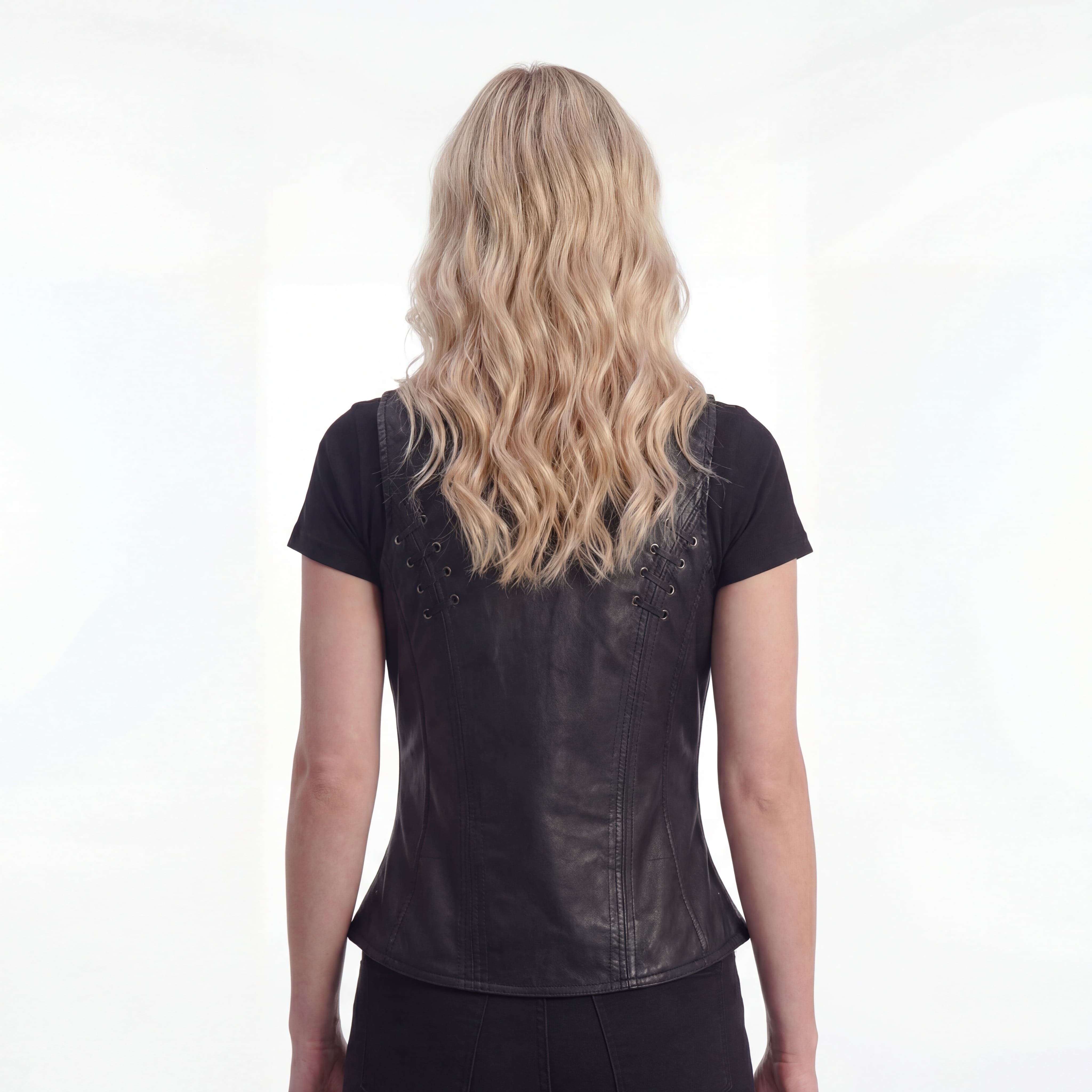 High Mileage Women's Black Premium Soft Goatskin Leather Vest With Twill Lace and Grommet Highlights - back pose