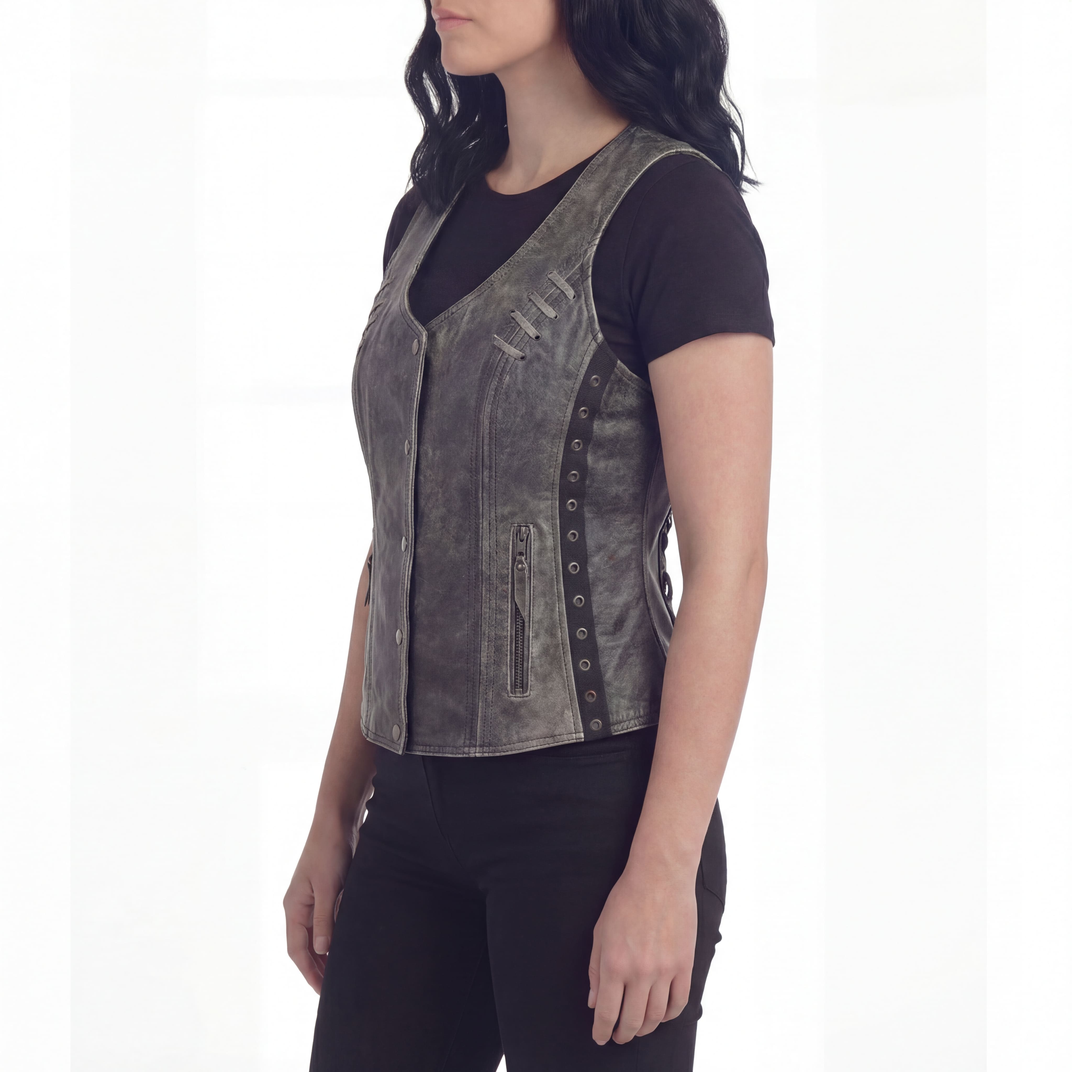 High Mileage Women's Distressed Gray Premium Soft Goatskin Leather Vest With Twill Lace and Grommet Highlights