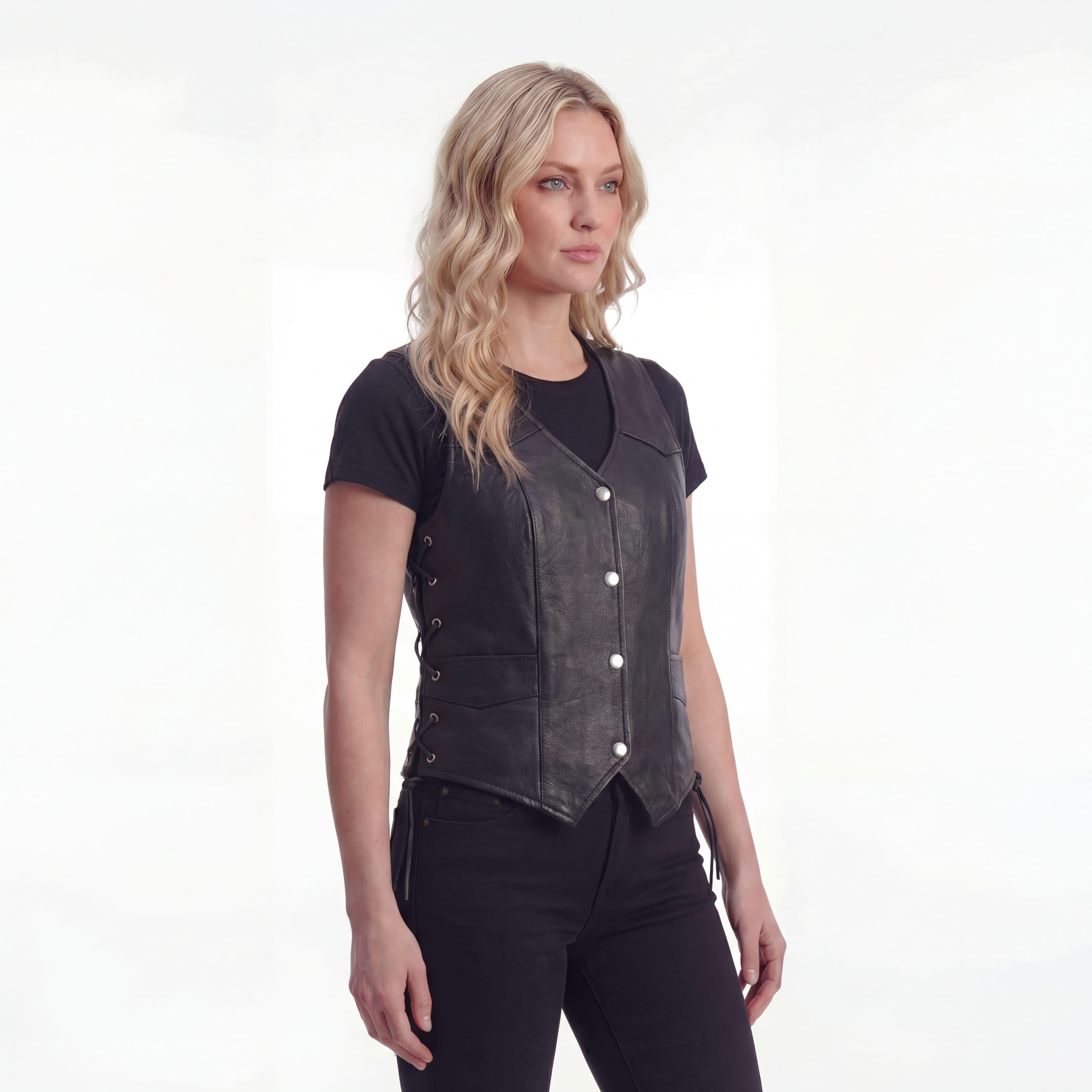 High Mileage Womens Black Premium Cowhide Lace Side Biker Leather Vest