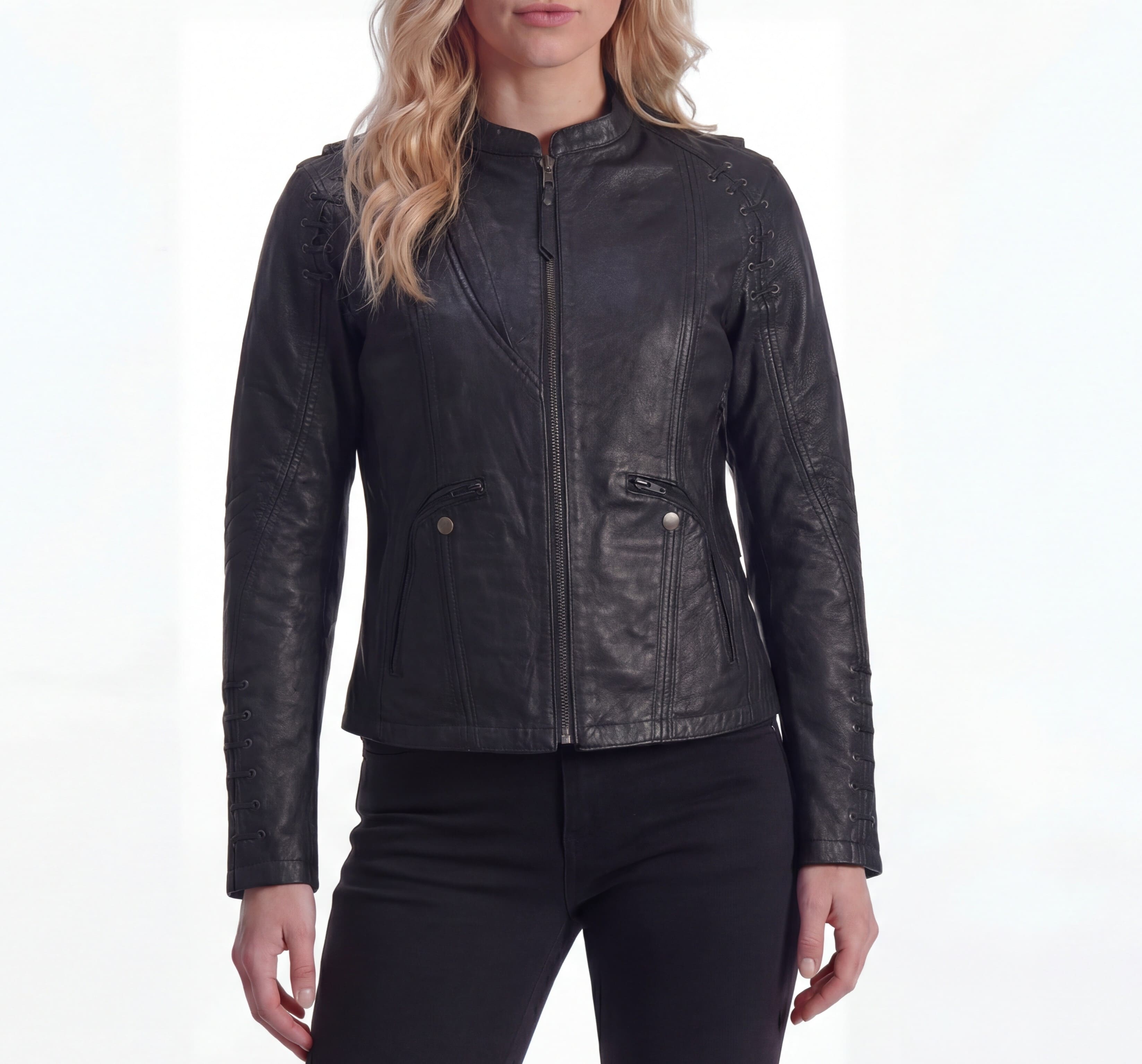High Mileage Womens Lace and Grommet Detail Black Goatskin Leather Lady Biker Motorcycle Fashion Jacket