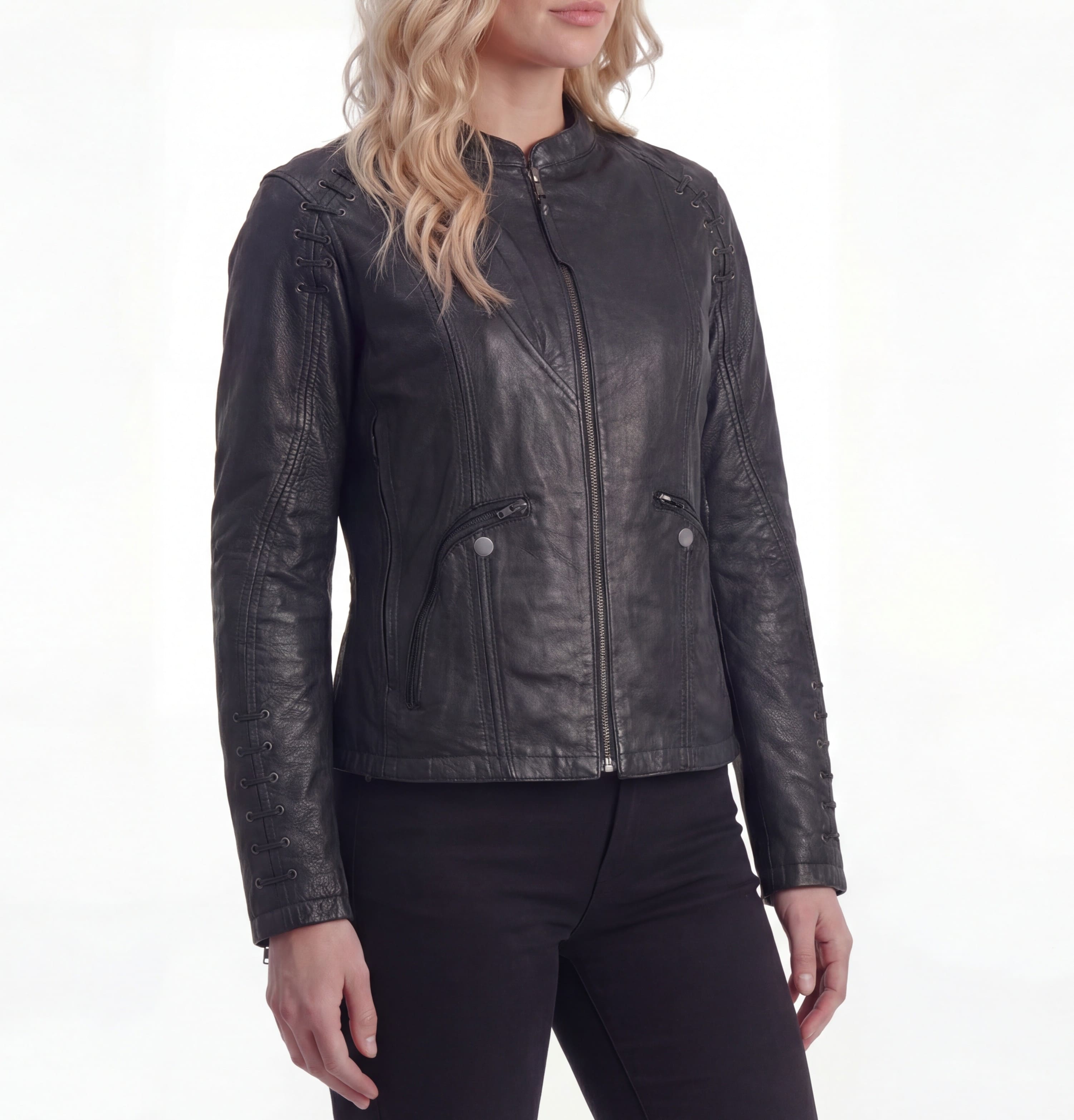 High Mileage Womens Lace and Grommet Detail Black Goatskin Leather Lady Biker Motorcycle Fashion Jacket