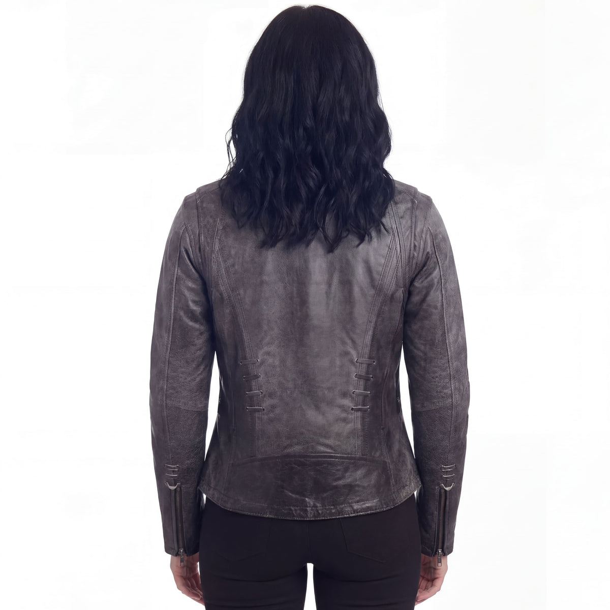 High Mileage Women's Lace and Grommet Detail Distressed Gray Goat Skin Leather Lady Biker Motorcycle Fashion Jacket