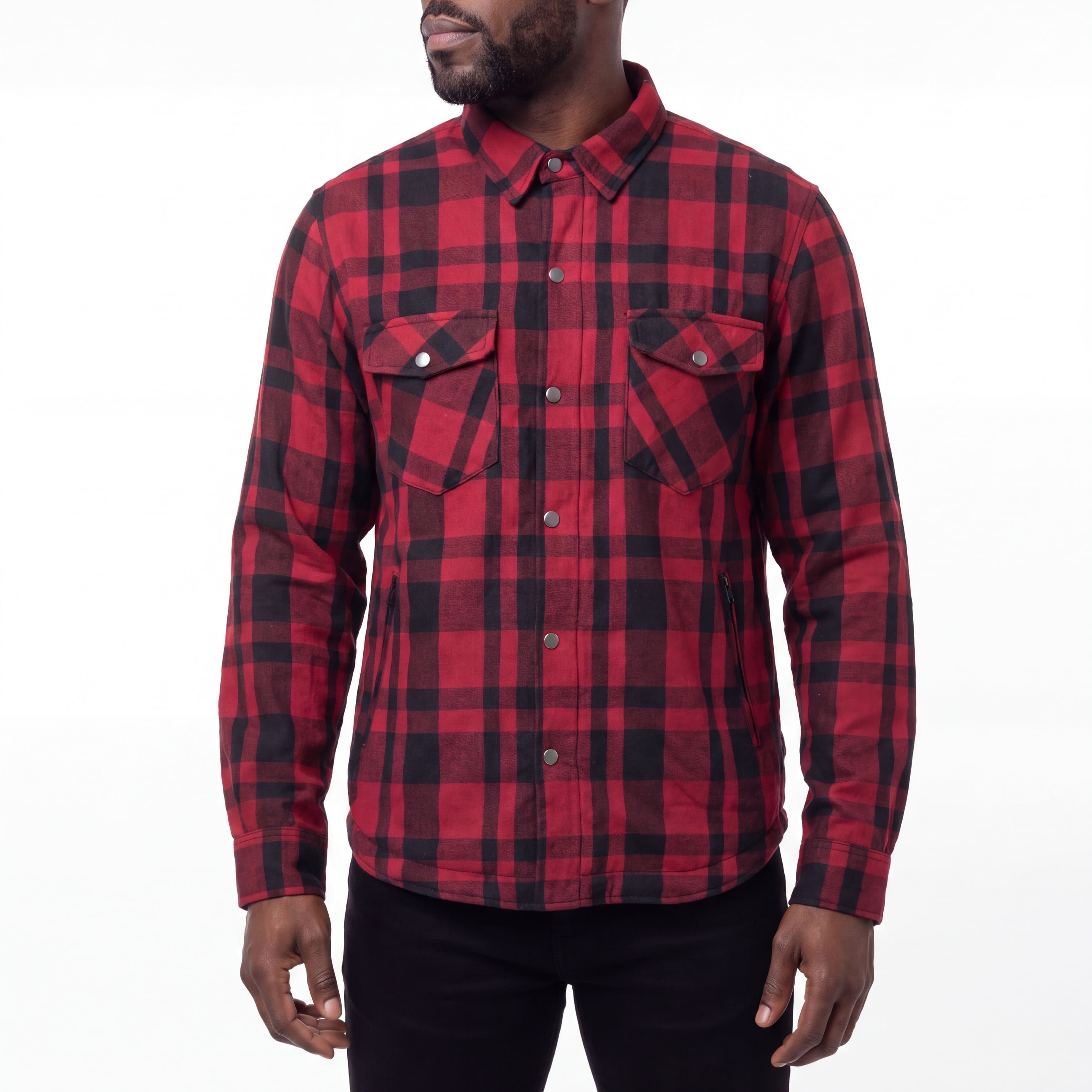 Men’s Armored Motorcycle Flannel Shirt, Armor Reinforced with Kevlar by DuPont - front pose
