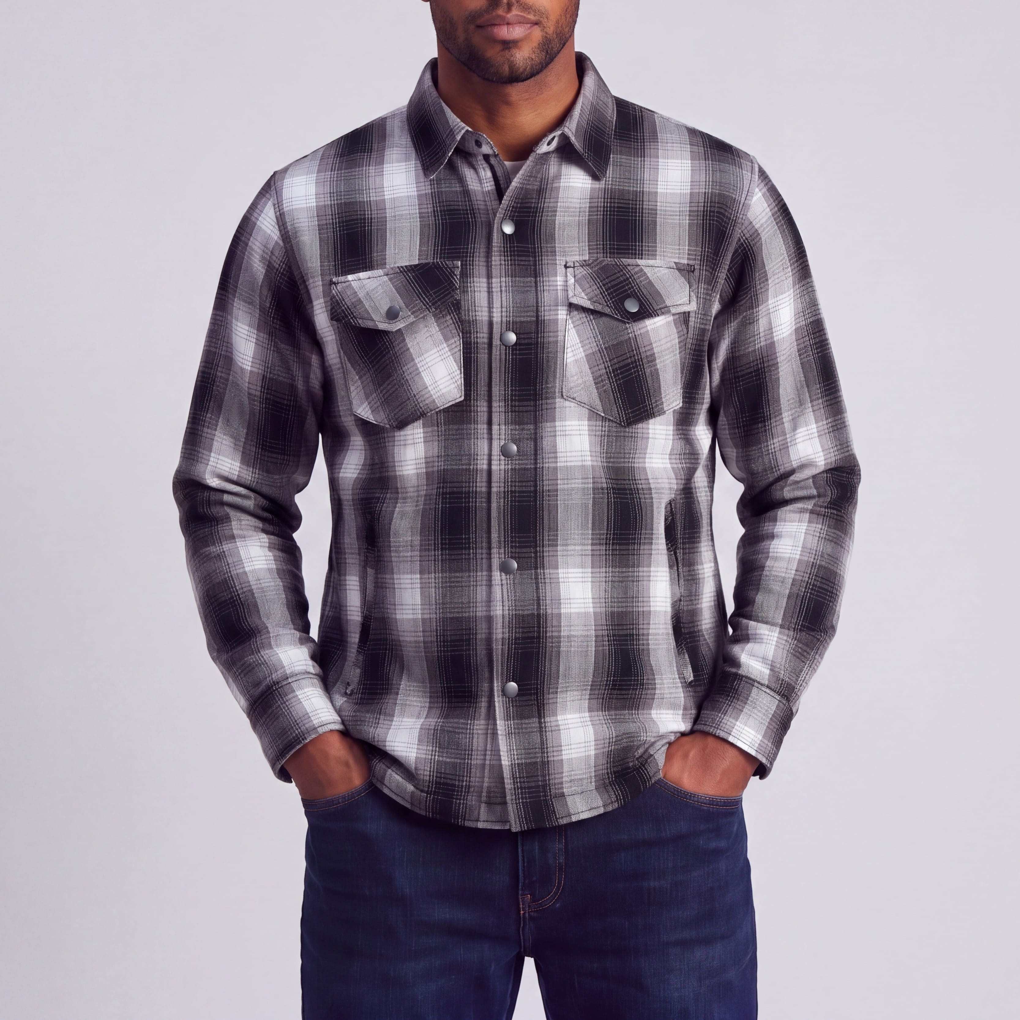 Men’s Timberwolf Armored Flannel Motorcycle Shirt w/Underarm Ventilation & CE Approved Armor Reinforced w/Aramid Fiber - front pose