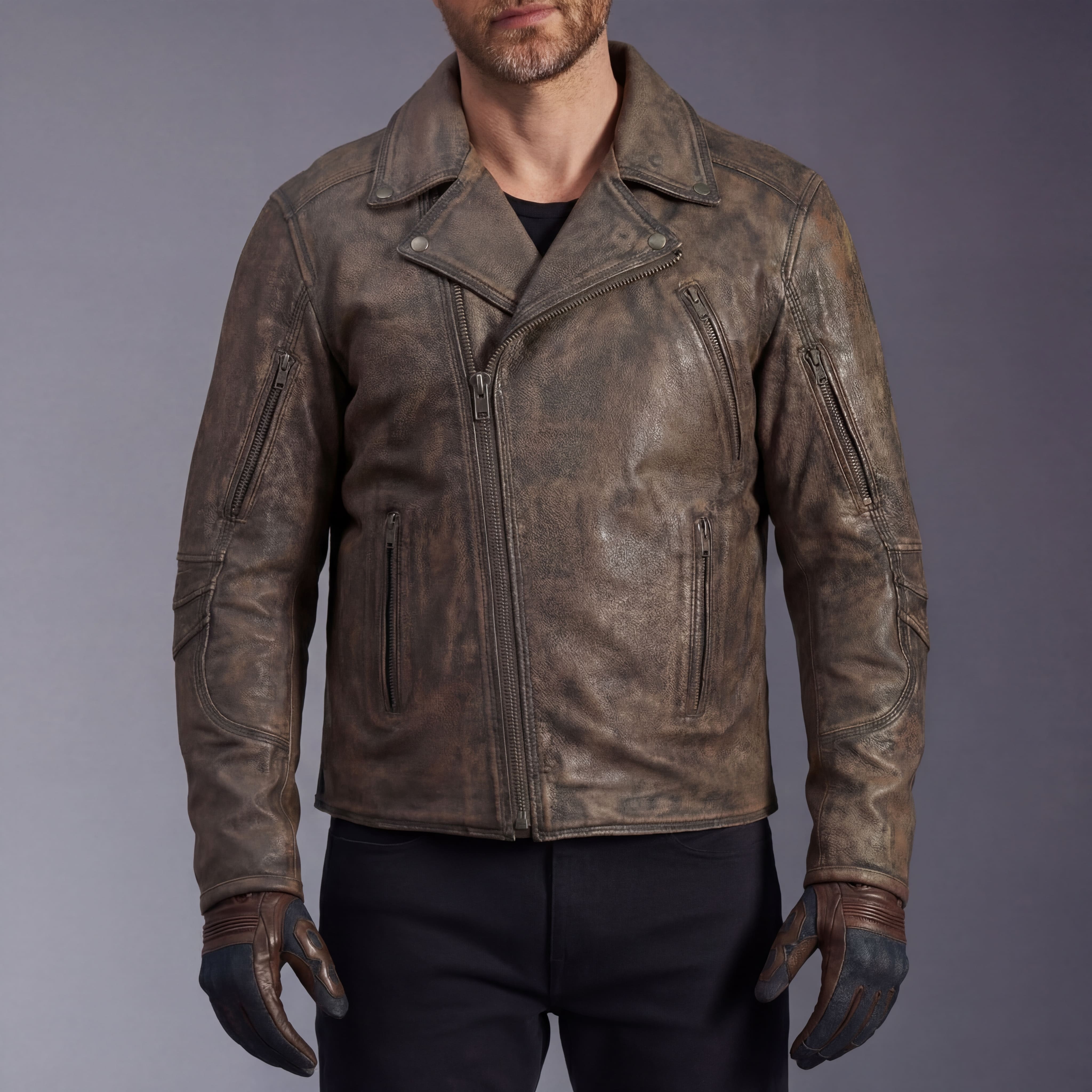 High Mileage Men's Distressed Brown Premium Cowhide Leather Motorcycle Jacket w Dual CCW Pockets & Removable Z-O Liner