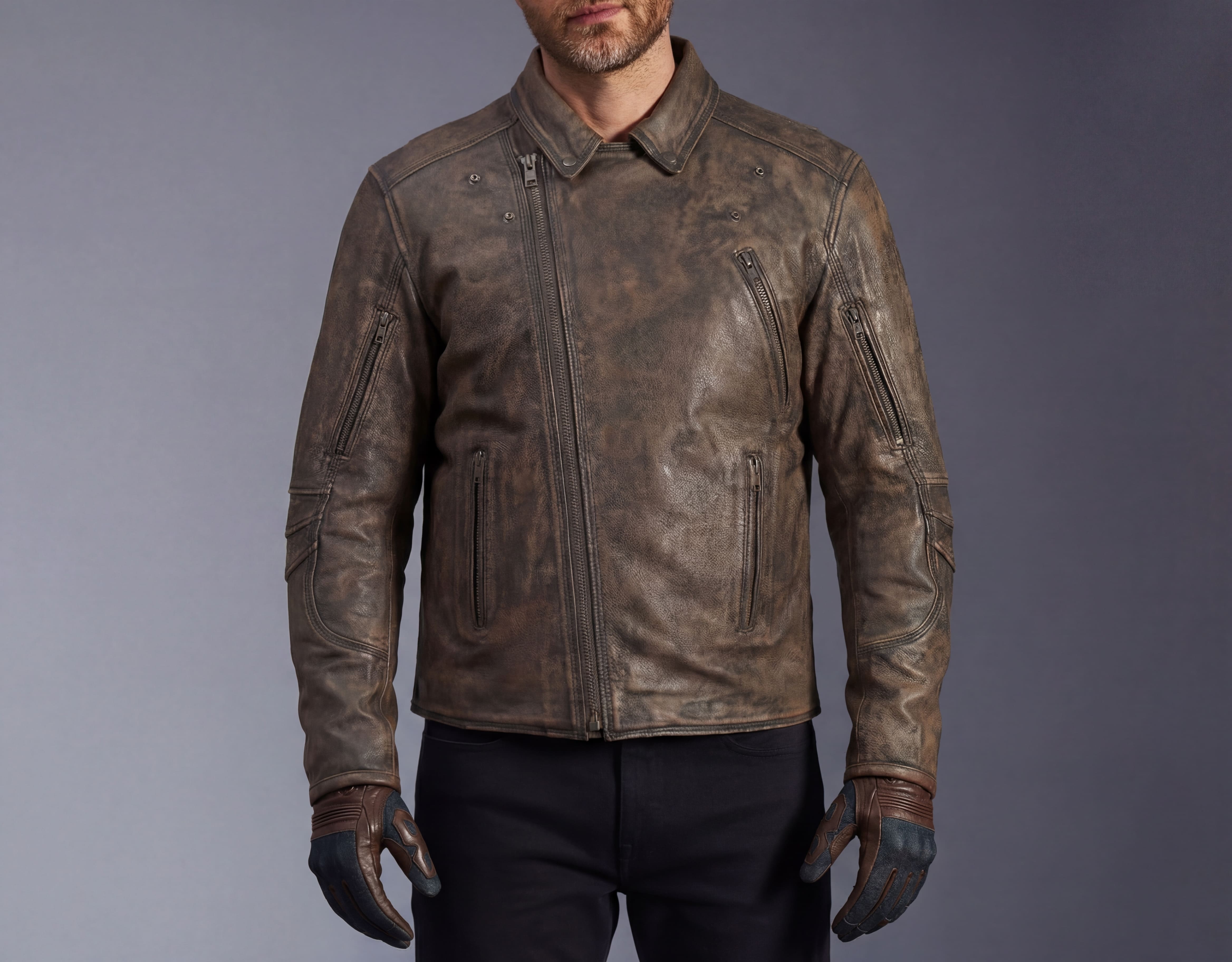 High Mileage Men's Distressed Brown Premium Cowhide Leather Motorcycle Jacket w Dual CCW Pockets & Removable Z-O Liner