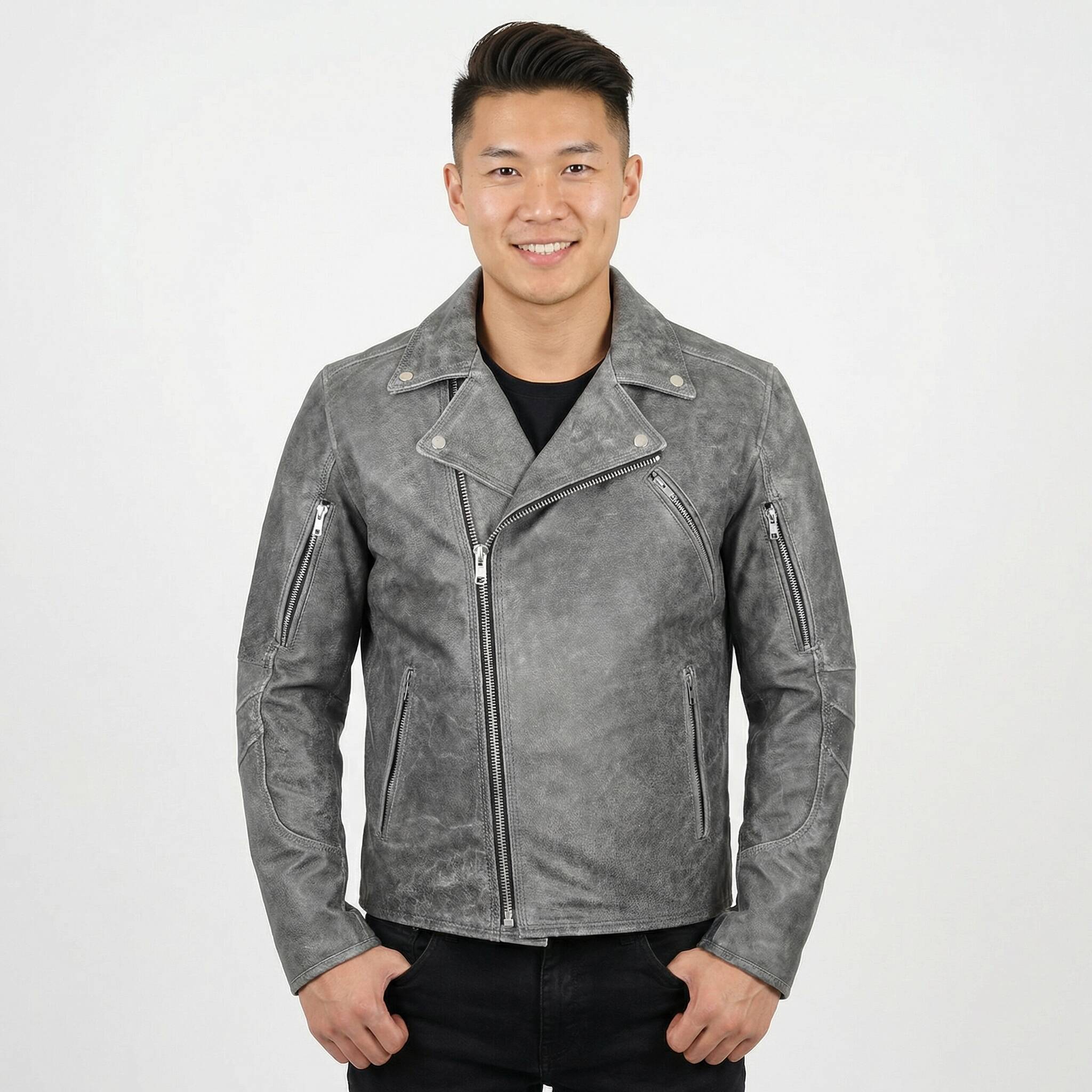 High Mileage Mens Beltless Dual Conceal Carry Distressed Gray Premium Cowhide Leather Biker Motorcycle Jacket