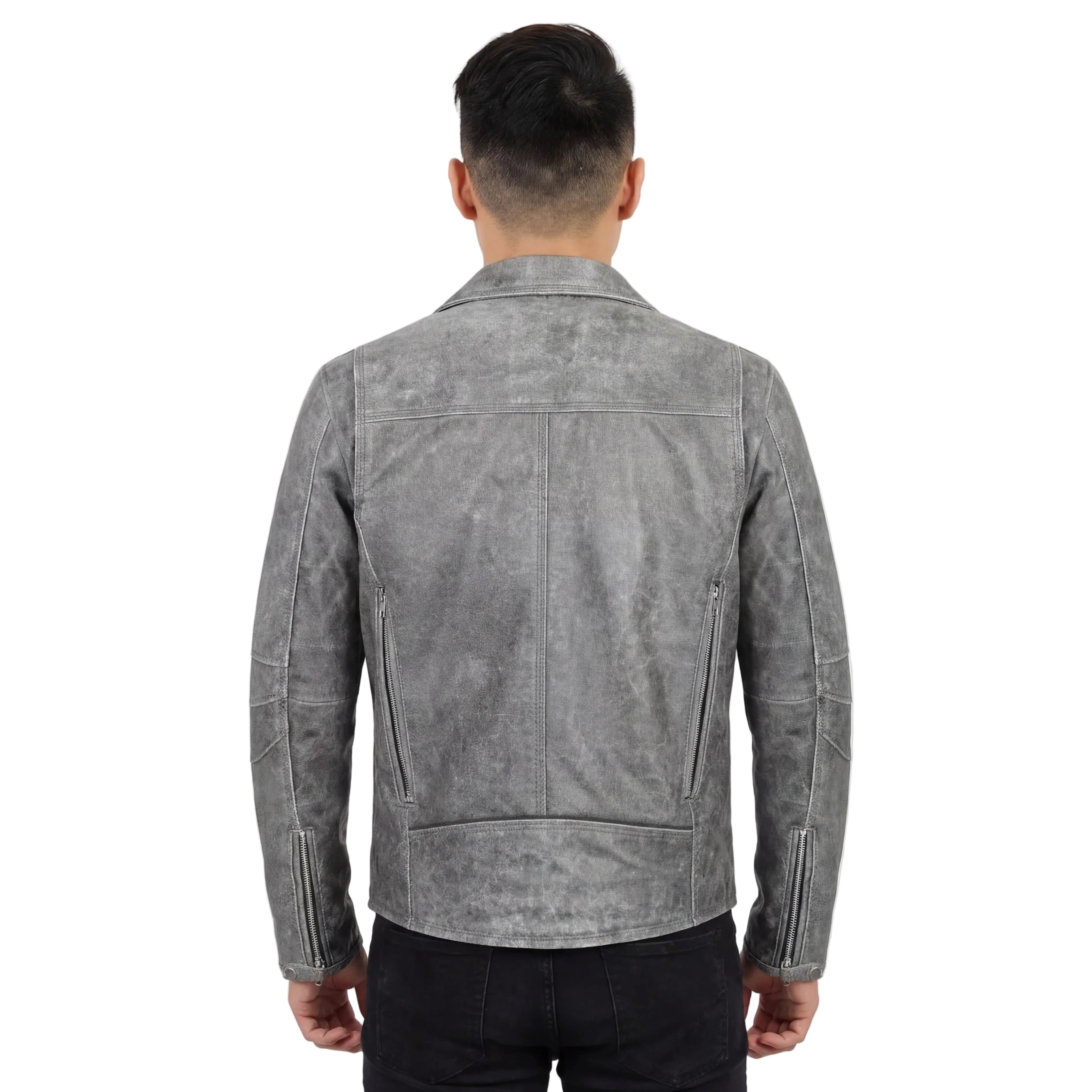 Men's Beltless Gray Leather Motorcycle Jacket