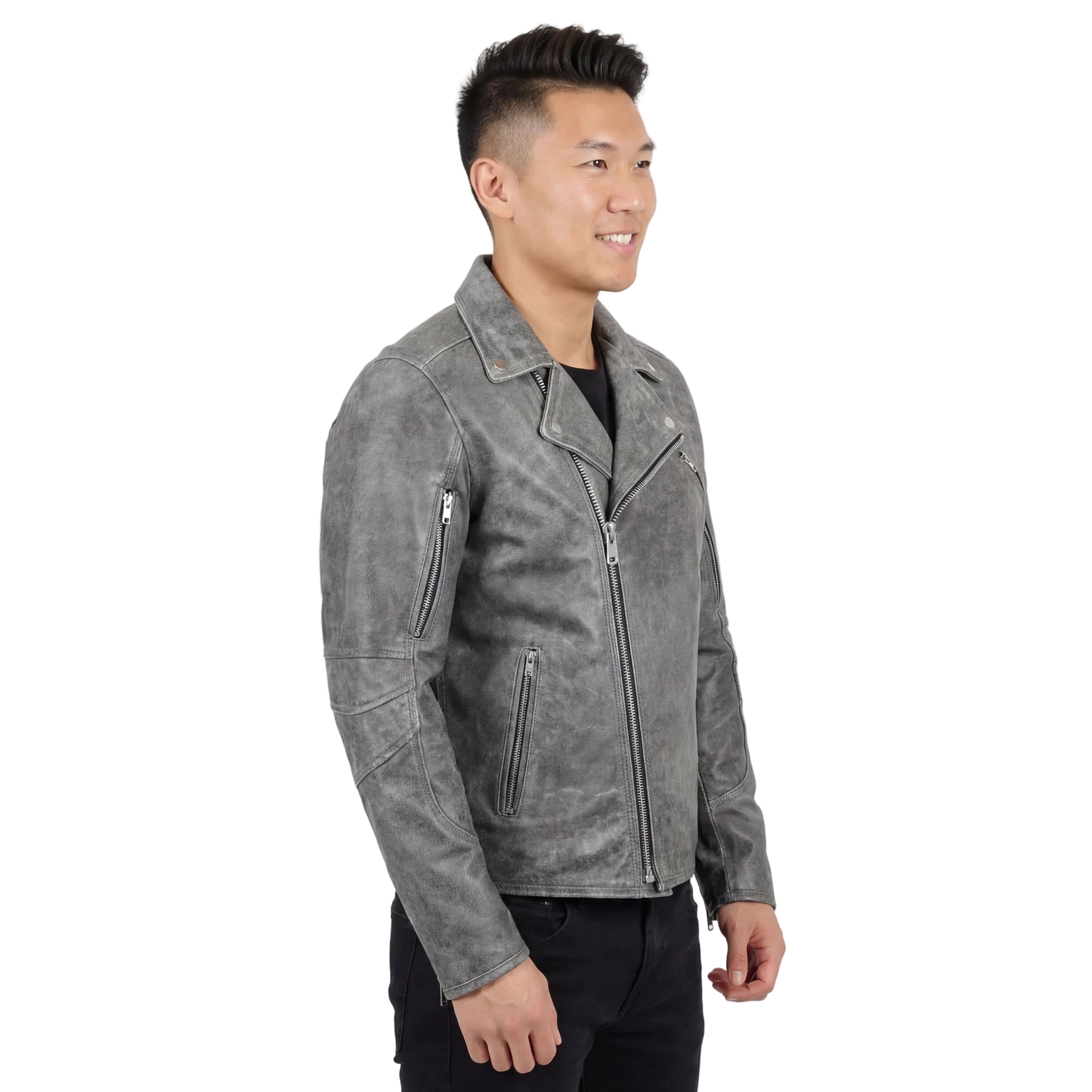 Men's Beltless Gray Leather Motorcycle Jacket