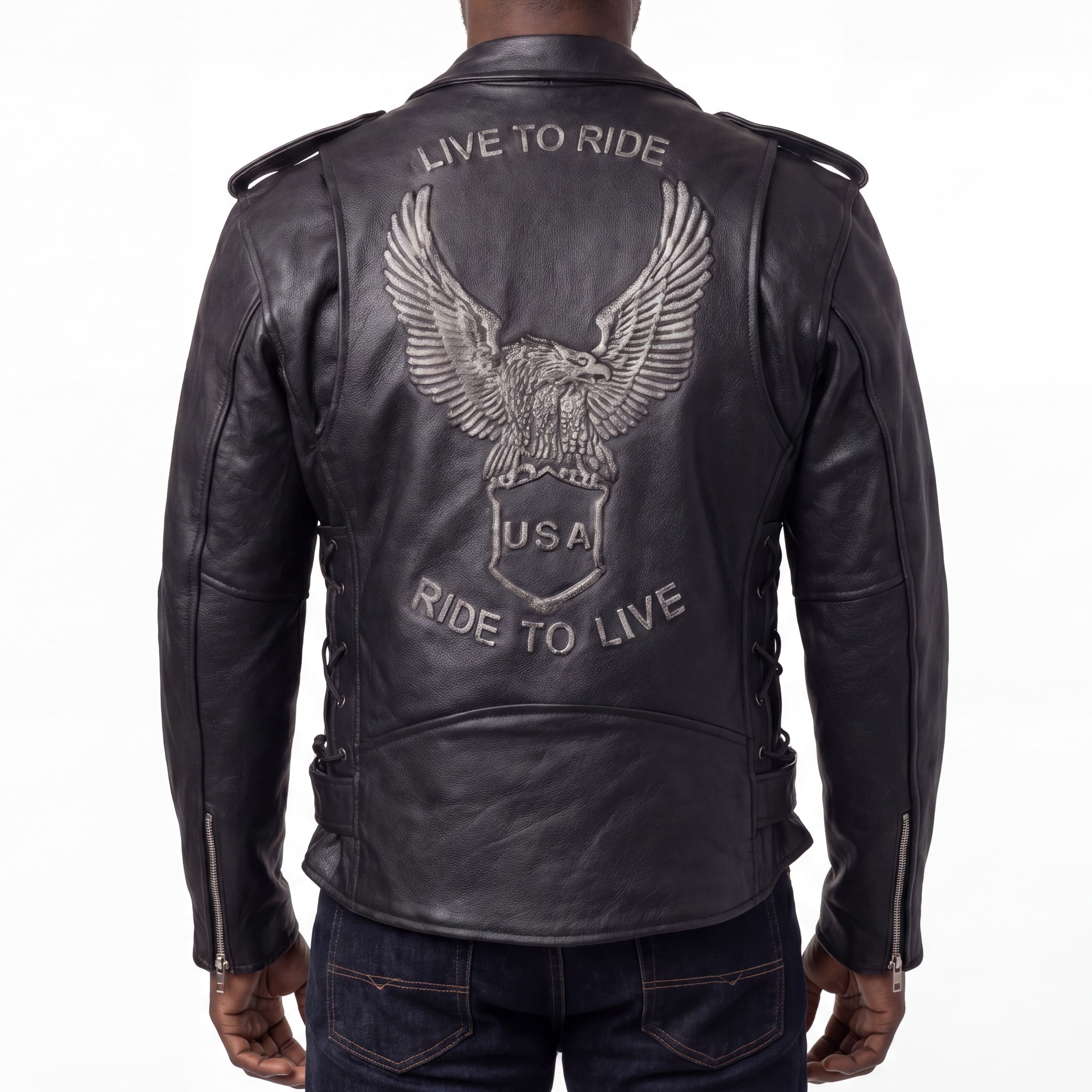 Mens Eagle Embossed Live To Ride - Ride To Live Classic Black Leather Motorcycle Jacket - Silver Back Pose