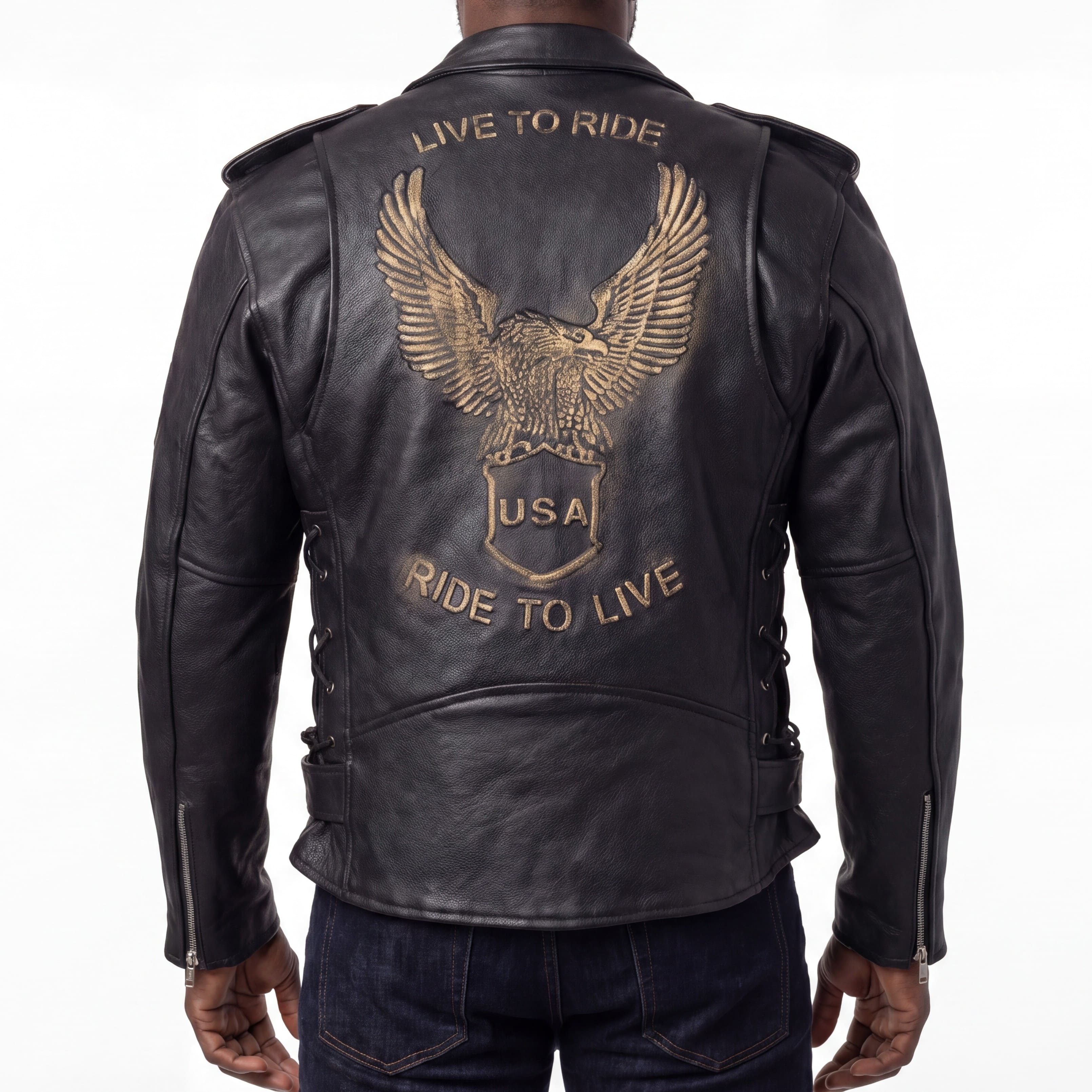 Mens Eagle Embossed Live To Ride - Ride To Live Classic Black Leather Motorcycle Jacket - Gold Back Pose