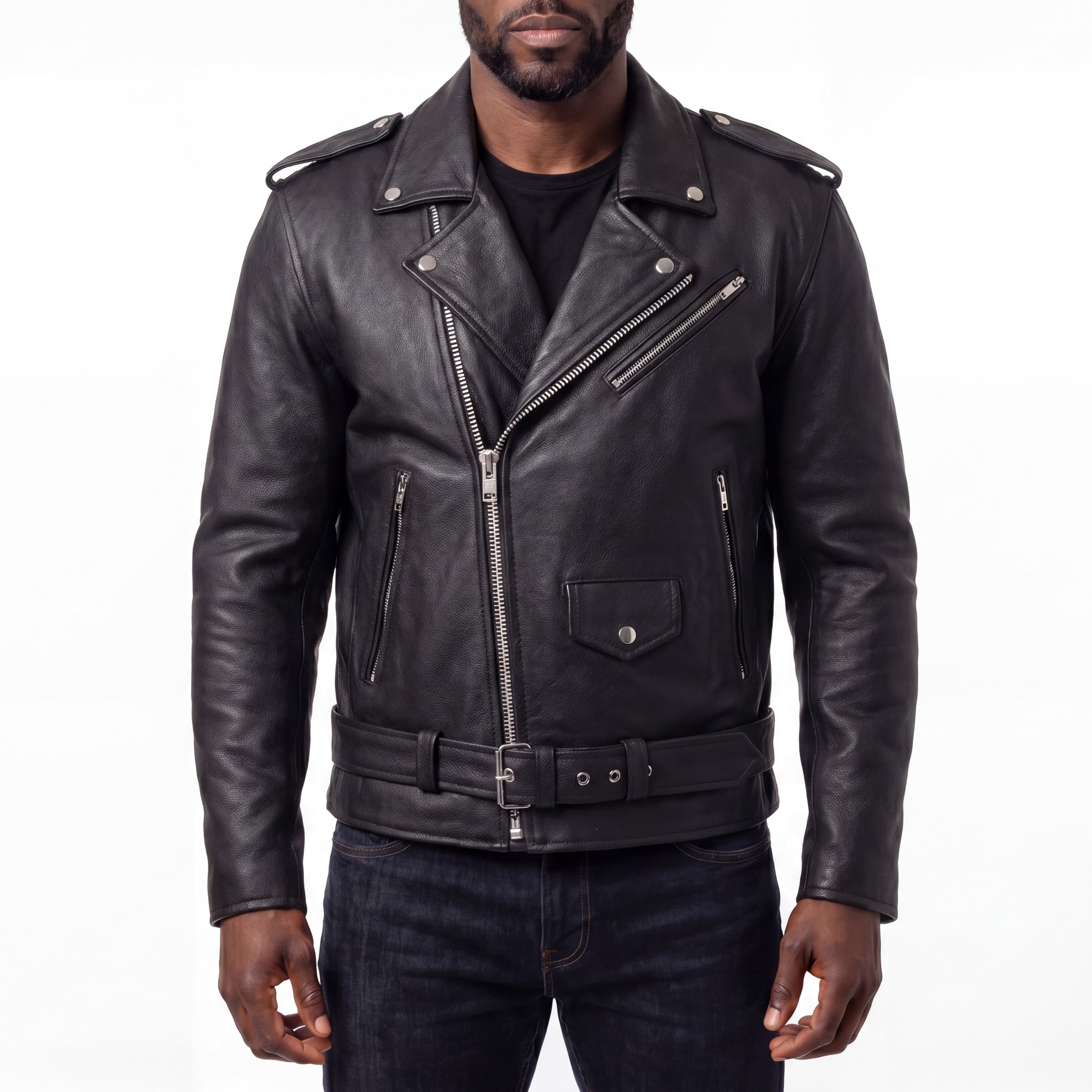 Mens Eagle Embossed Live To Ride - Ride To Live Classic Black Leather Motorcycle Jacket - Front Pose