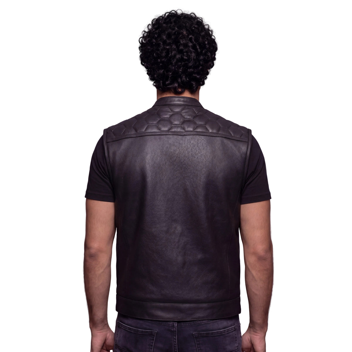 High Mileage Mens Zipper and Snap Closure Leather Club Vest with Quick Access & American Flag Liner - back pose