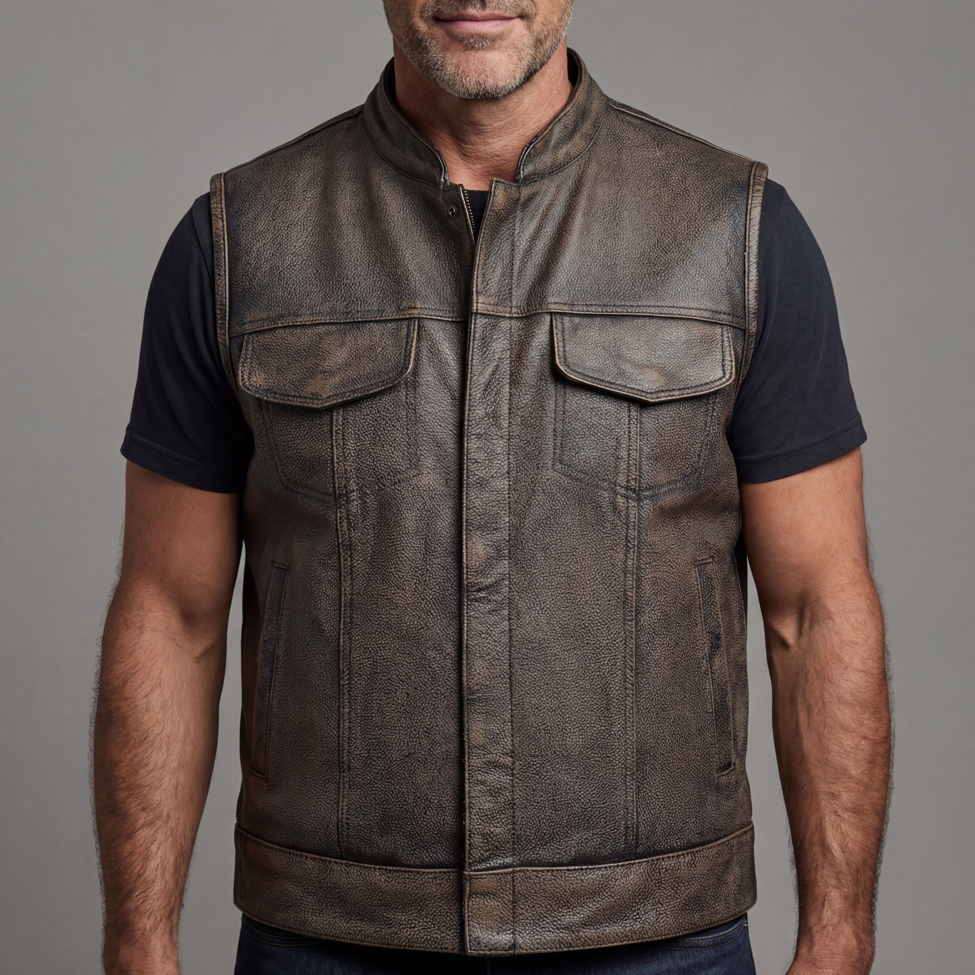 High Mileage Mens Premium Cowhide Distressed Brown SOA Style Biker Club Leather Motorcycle Vest - front pose
