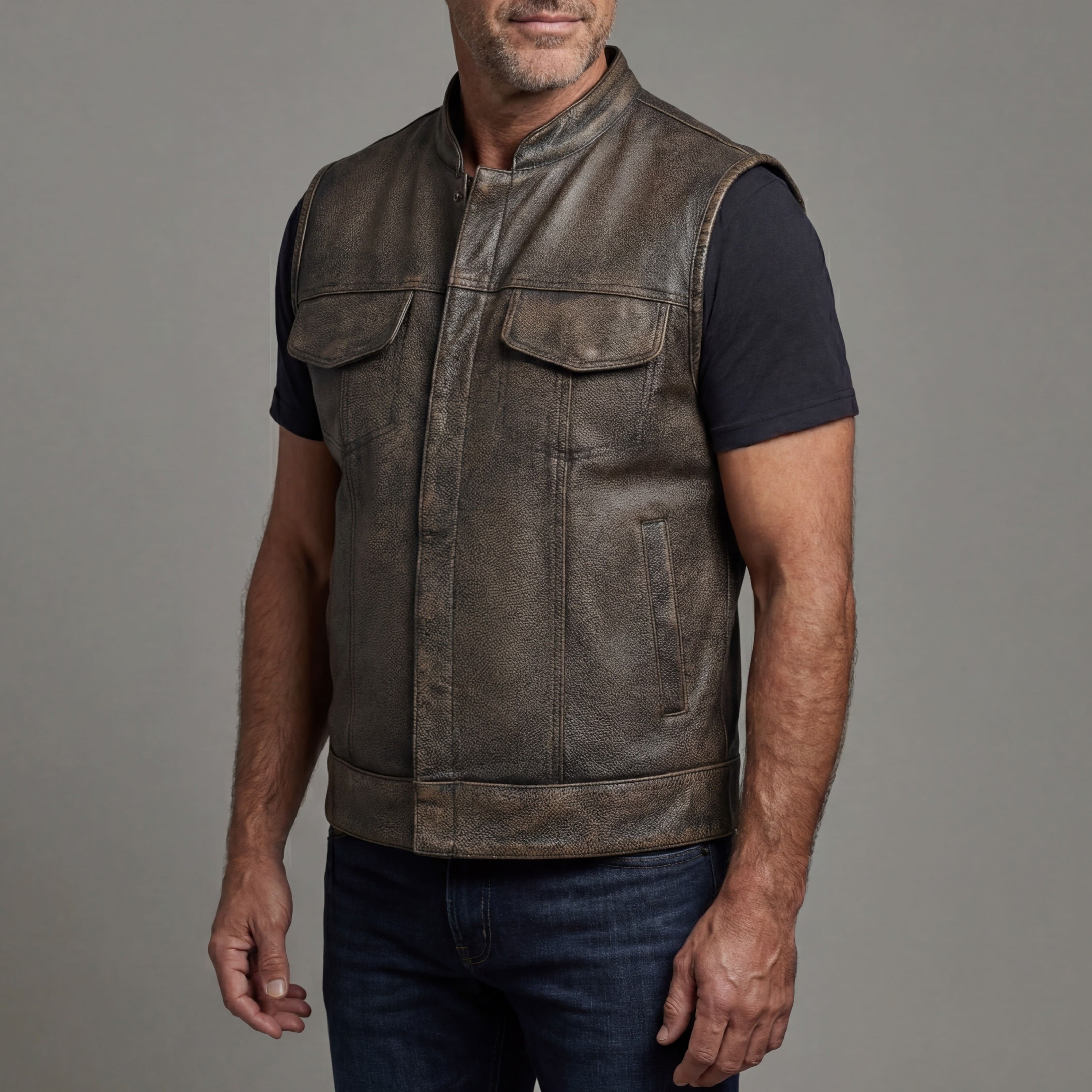 High Mileage Mens Premium Cowhide Distressed Brown SOA Style Biker Club Leather Motorcycle Vest - side pose