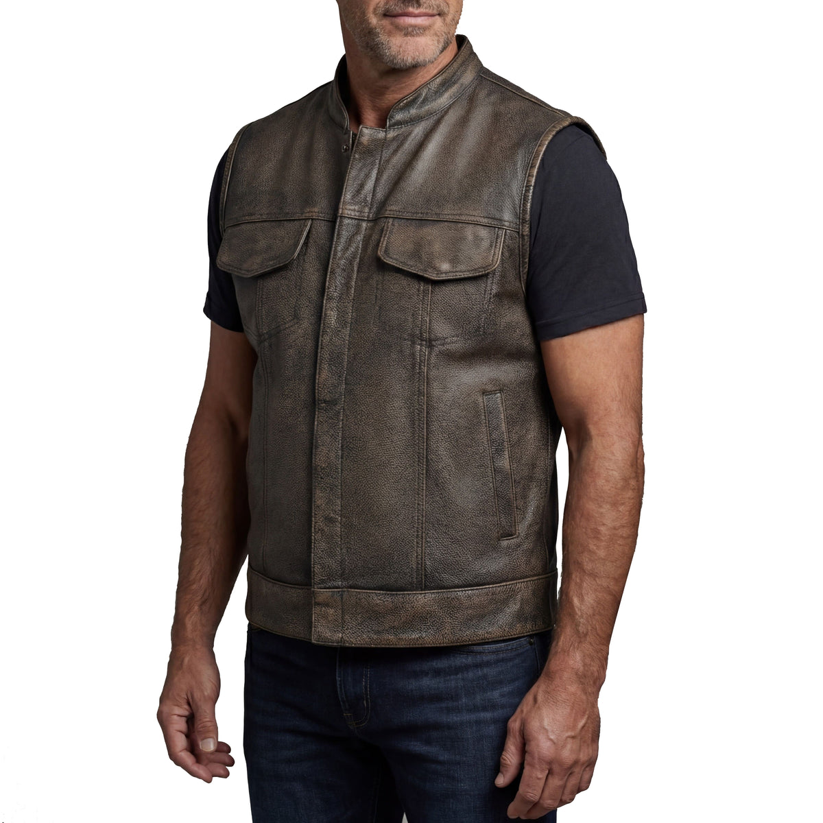 High Mileage Mens Premium Cowhide Distressed Brown SOA Style Biker Club Leather Motorcycle Vest