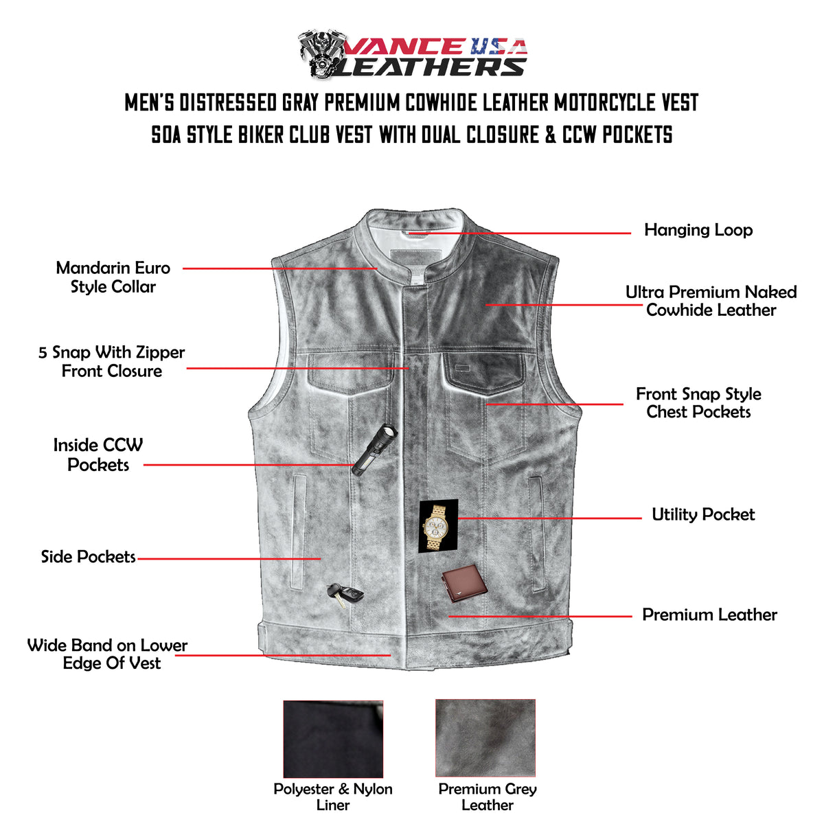 High Mileage Mens Premium Cowhide Distressed Gray SOA Style Biker Club Leather Motorcycle Vest - Infographics