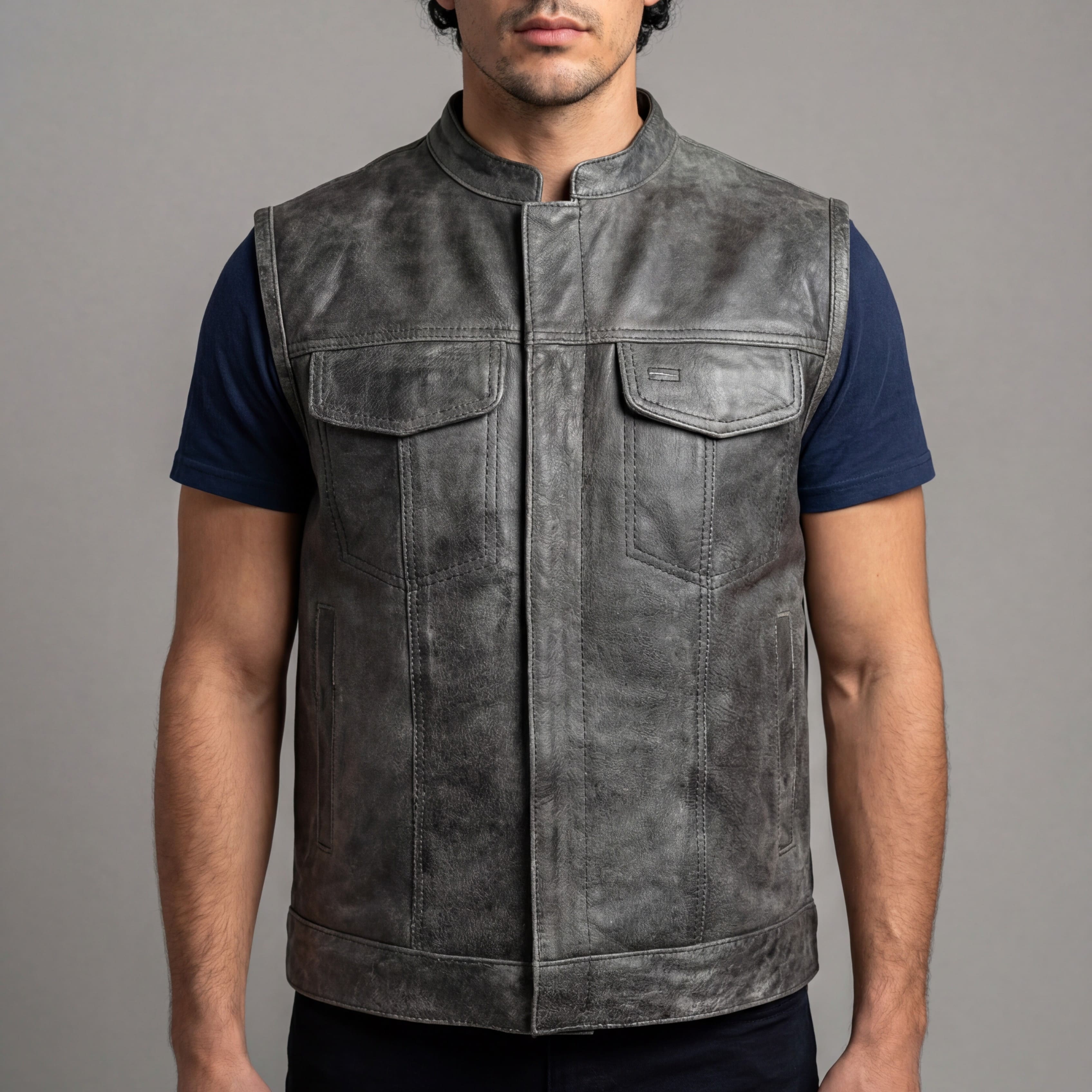 High Mileage Mens Premium Cowhide Distressed Gray SOA Style Biker Club Leather Motorcycle Vest - front pose