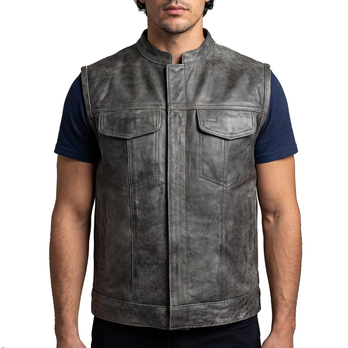 High Mileage Mens Premium Cowhide Distressed Gray SOA Style Biker Club Leather Motorcycle Vest