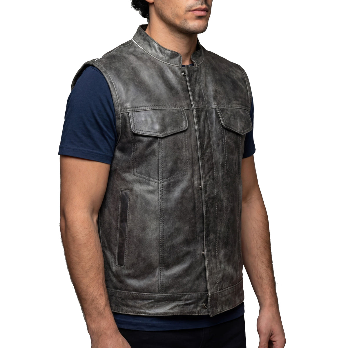 High Mileage Mens Premium Cowhide Distressed Gray SOA Style Biker Club Leather Motorcycle Vest