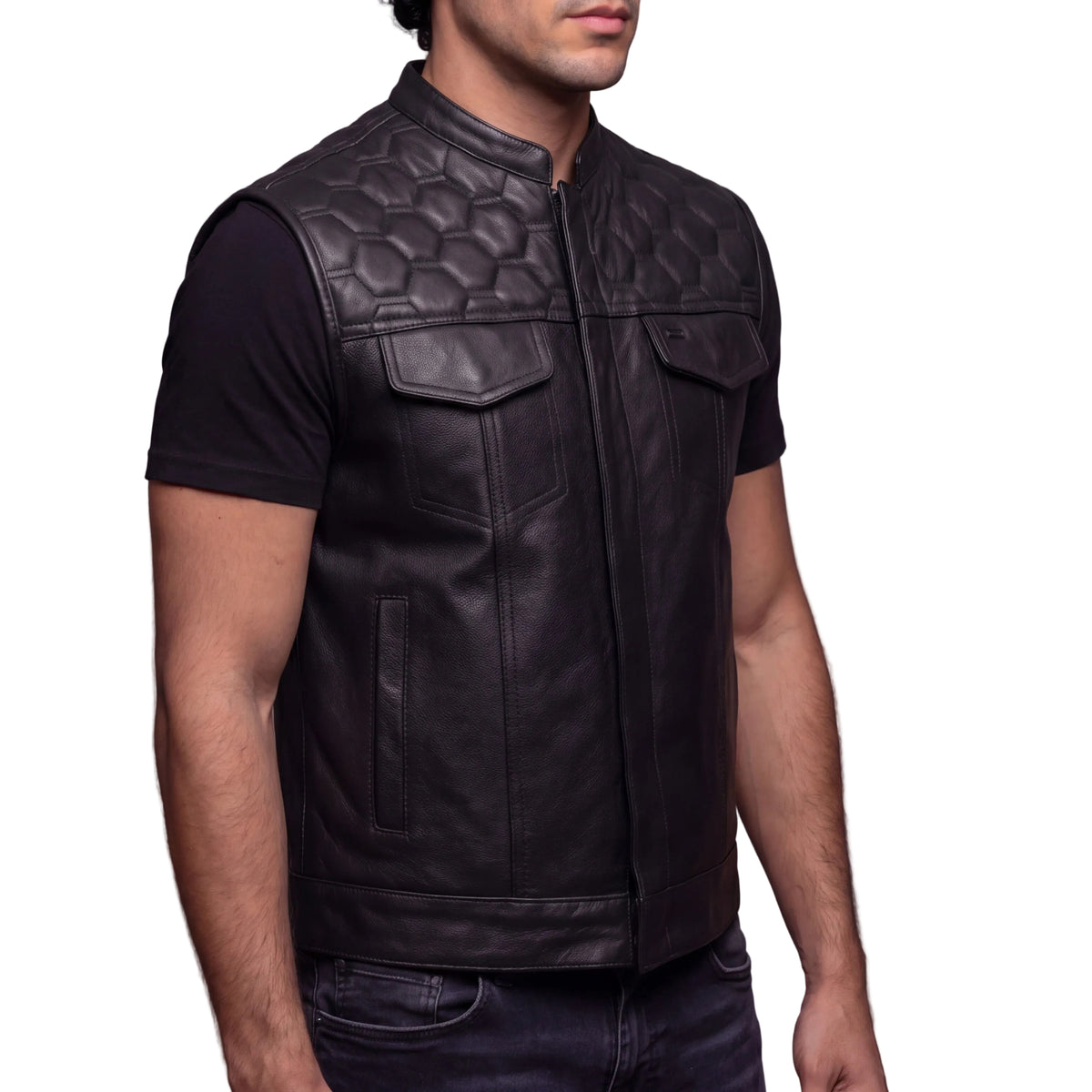 High Mileage Mens Zipper and Snap Closure Leather Club Vest with Quick Access & American Flag Liner - side pose