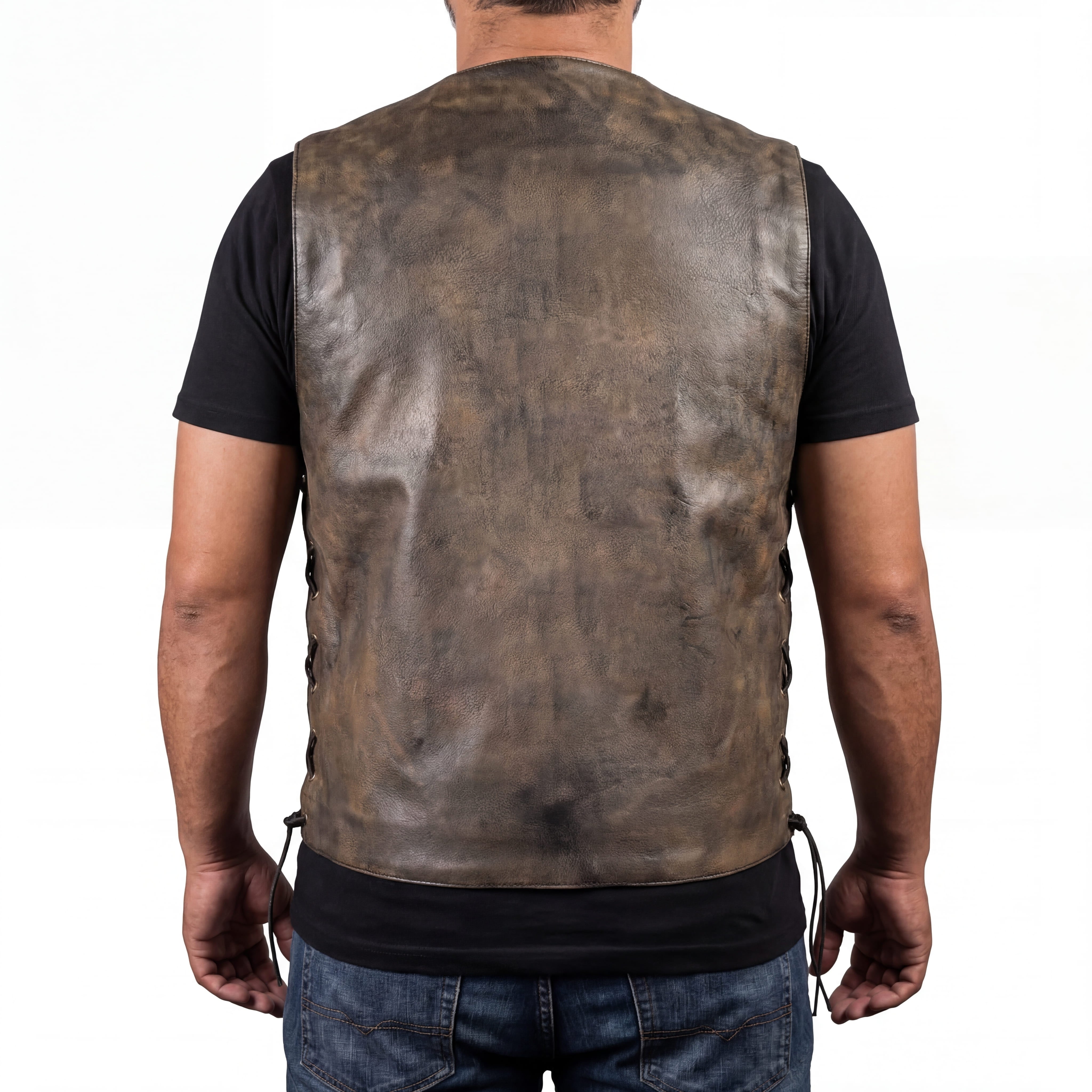 High Mileage Mens Distressed Brown Premium Cowhide Ten Pocket Leather Motorcycle Vest
