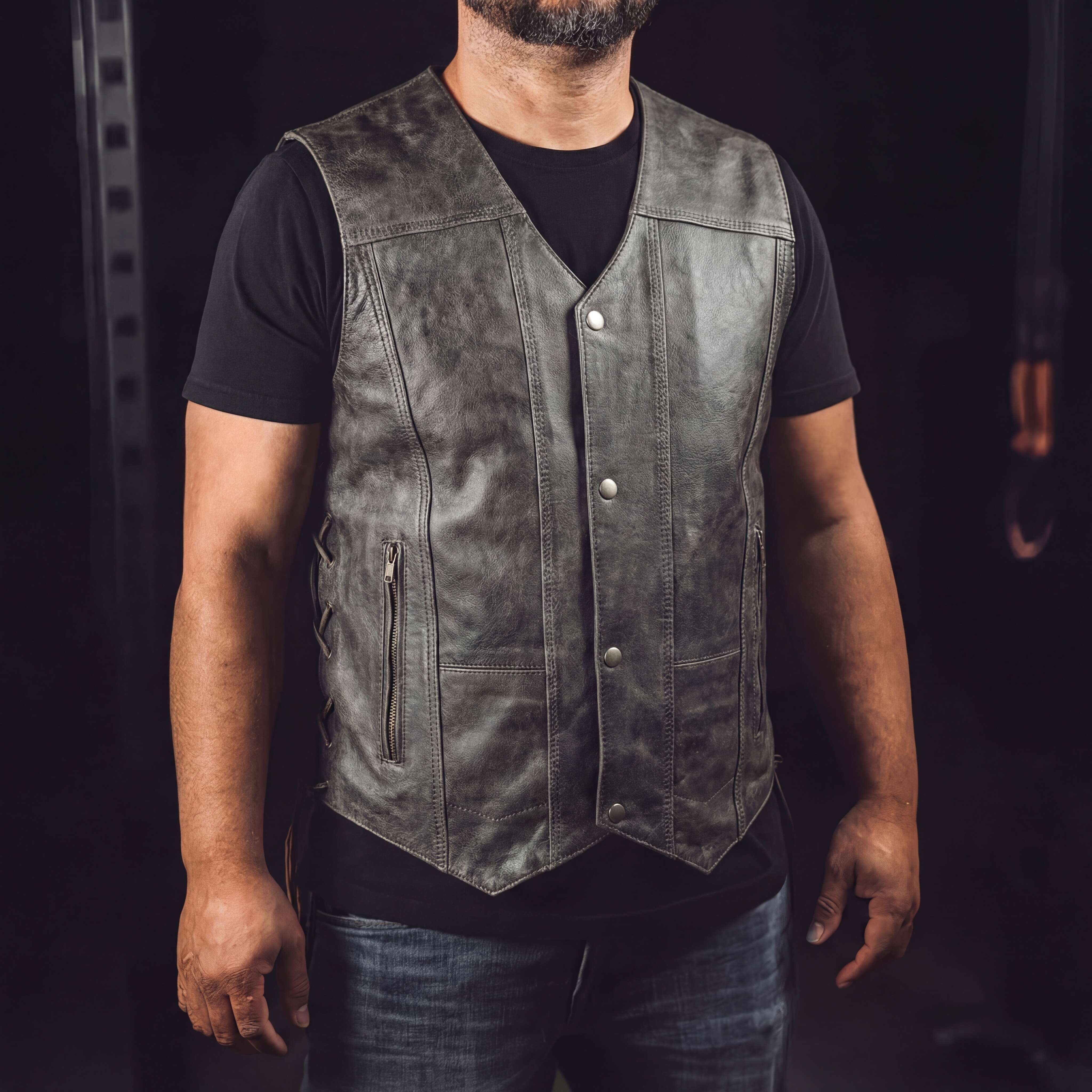 High Mileage Men's Distressed Gray Premium Cowhide Ten Pocket Leather Motorcycle Vest - Pic