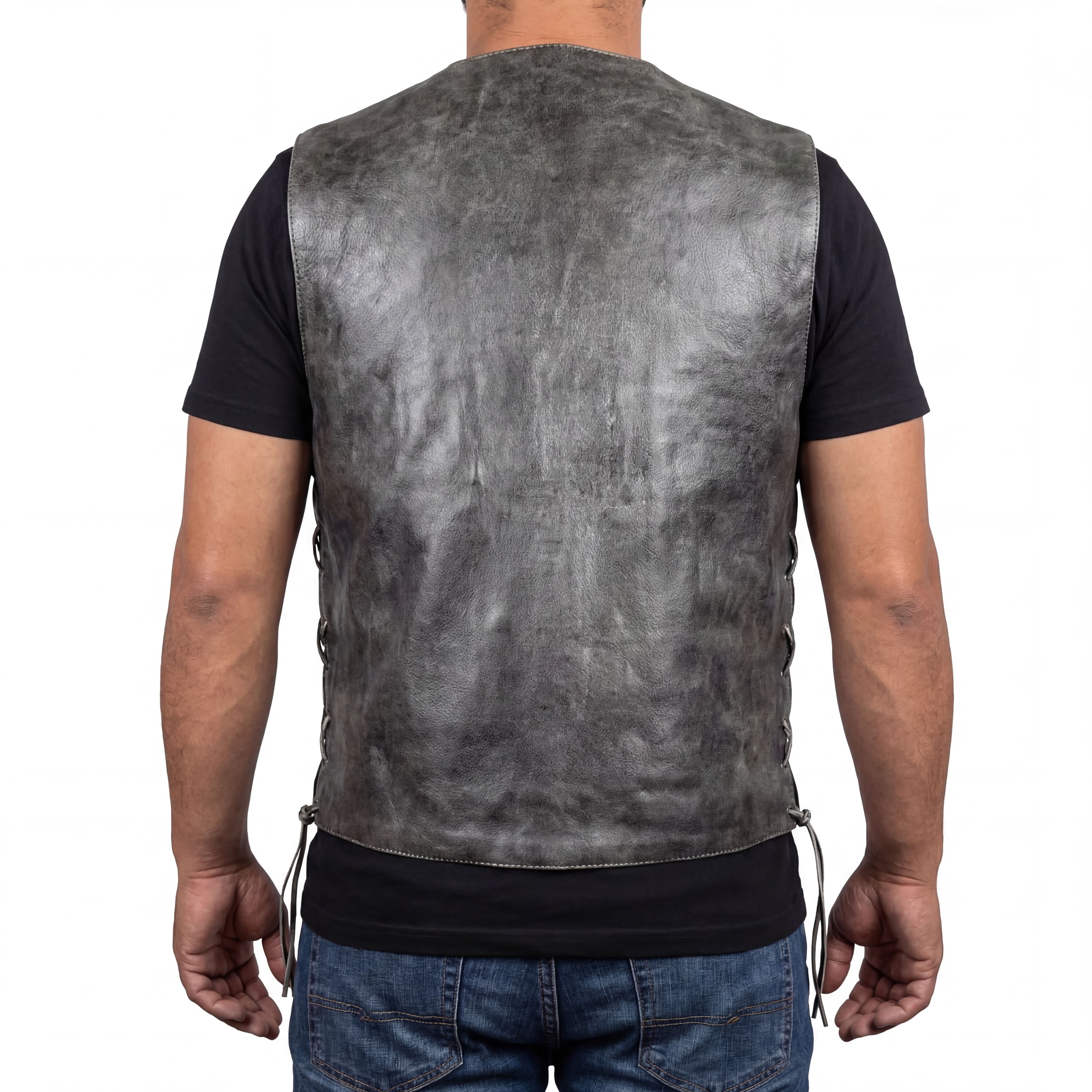 High Mileage Men's Distressed Gray Premium Cowhide Ten Pocket Leather Motorcycle Vest