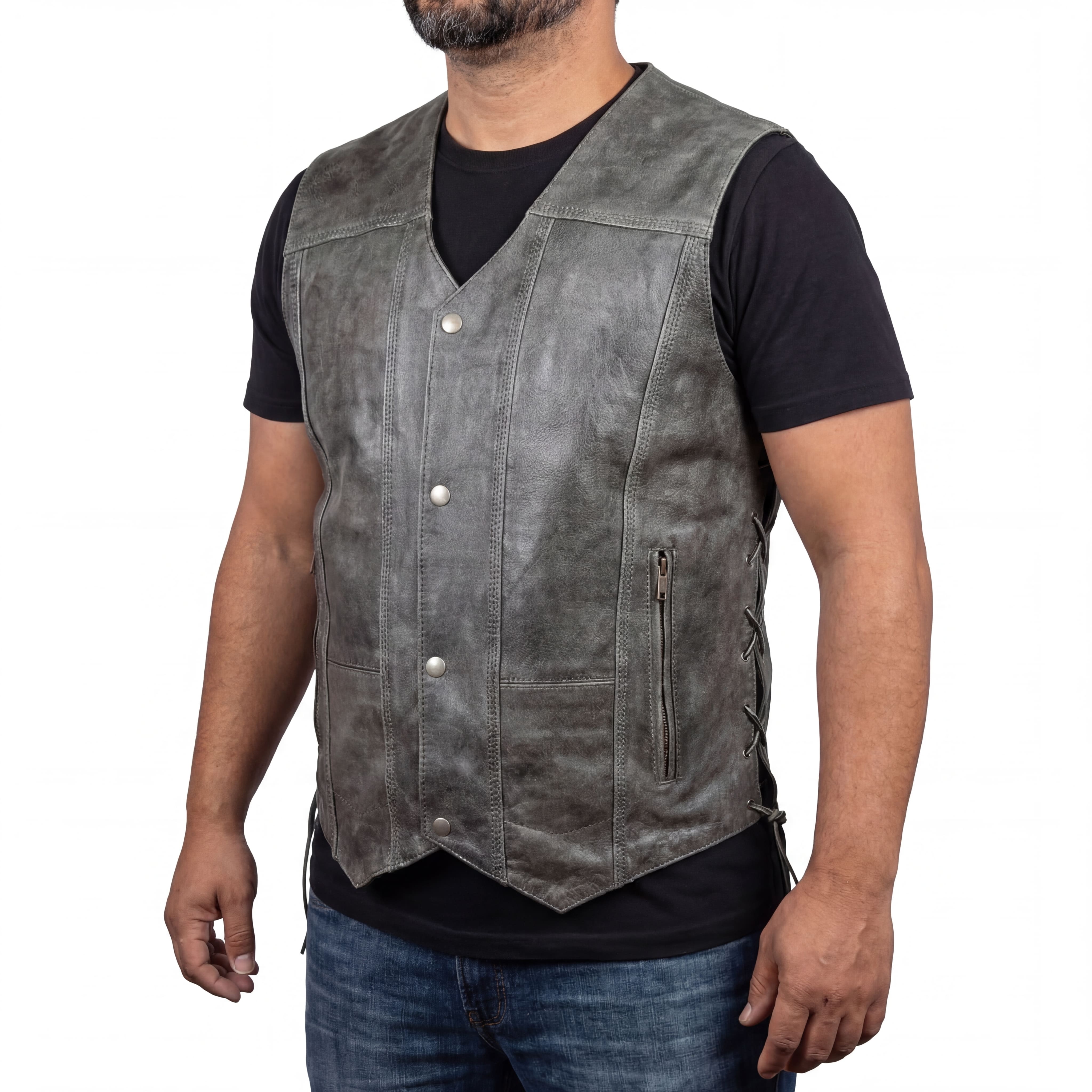 High Mileage Men's Distressed Gray Premium Cowhide Ten Pocket Leather Motorcycle Vest