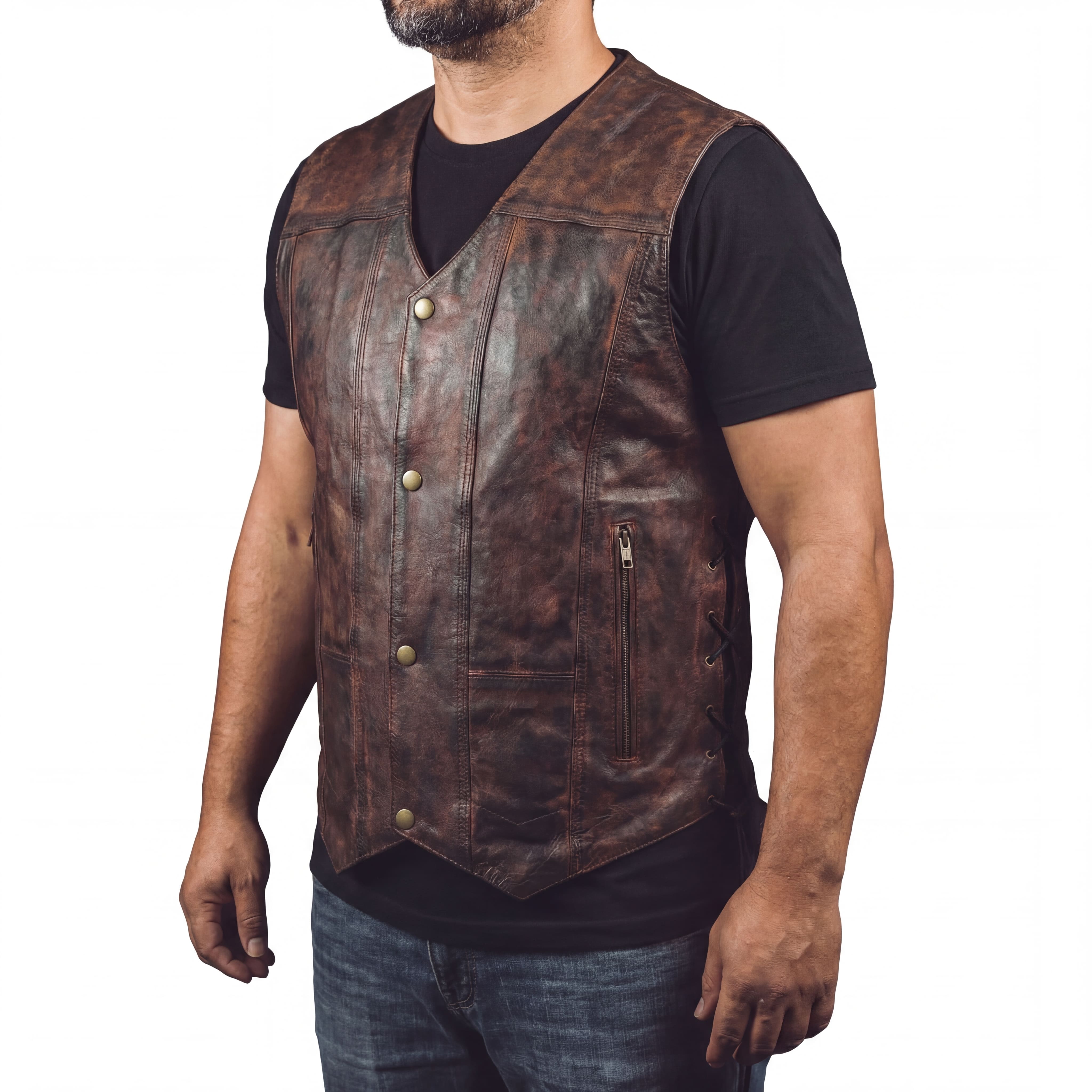 High Mileage Mens Vintage Brown Premium Cowhide Ten Pocket Leather Motorcycle Vest