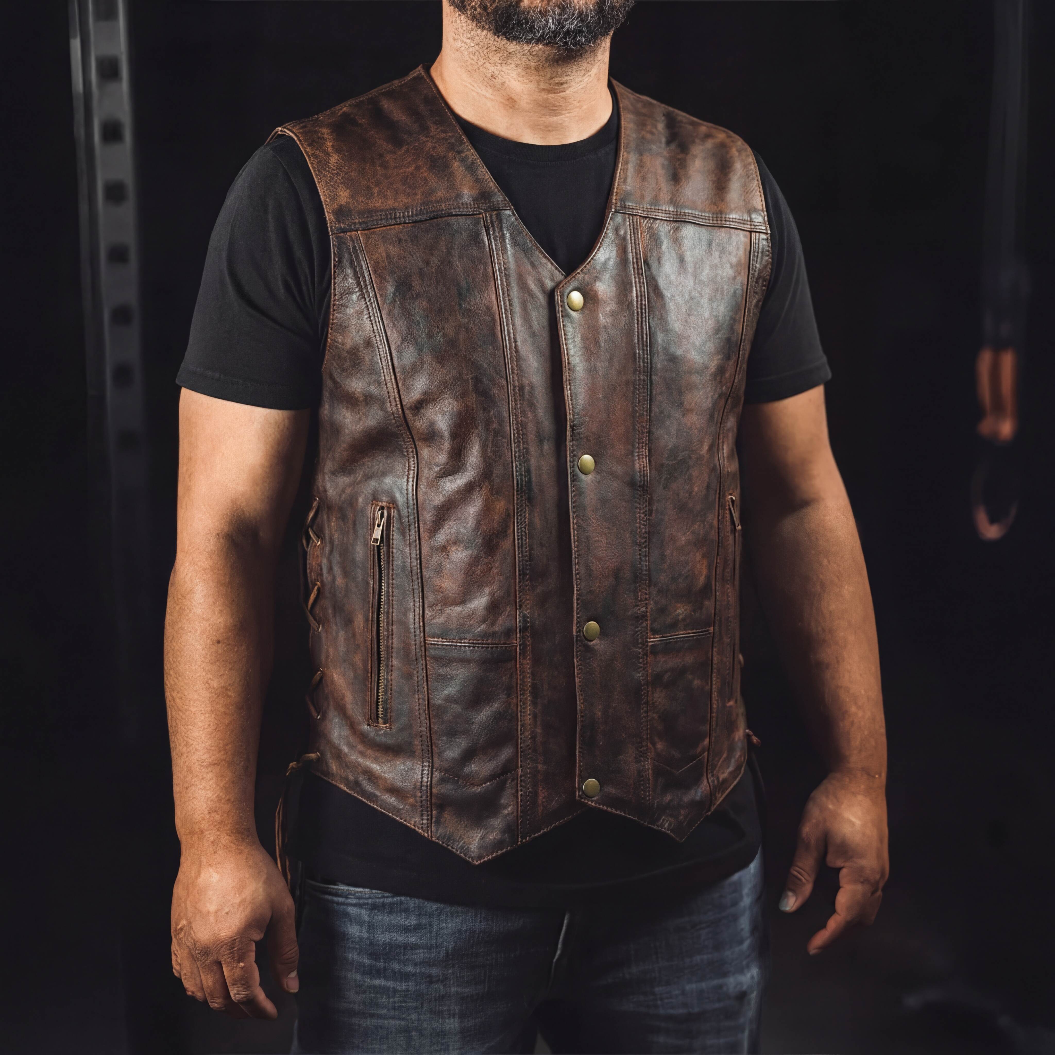 Men Vintage Brown Cowhide Ten Pocket Leather Motorcycle Vest