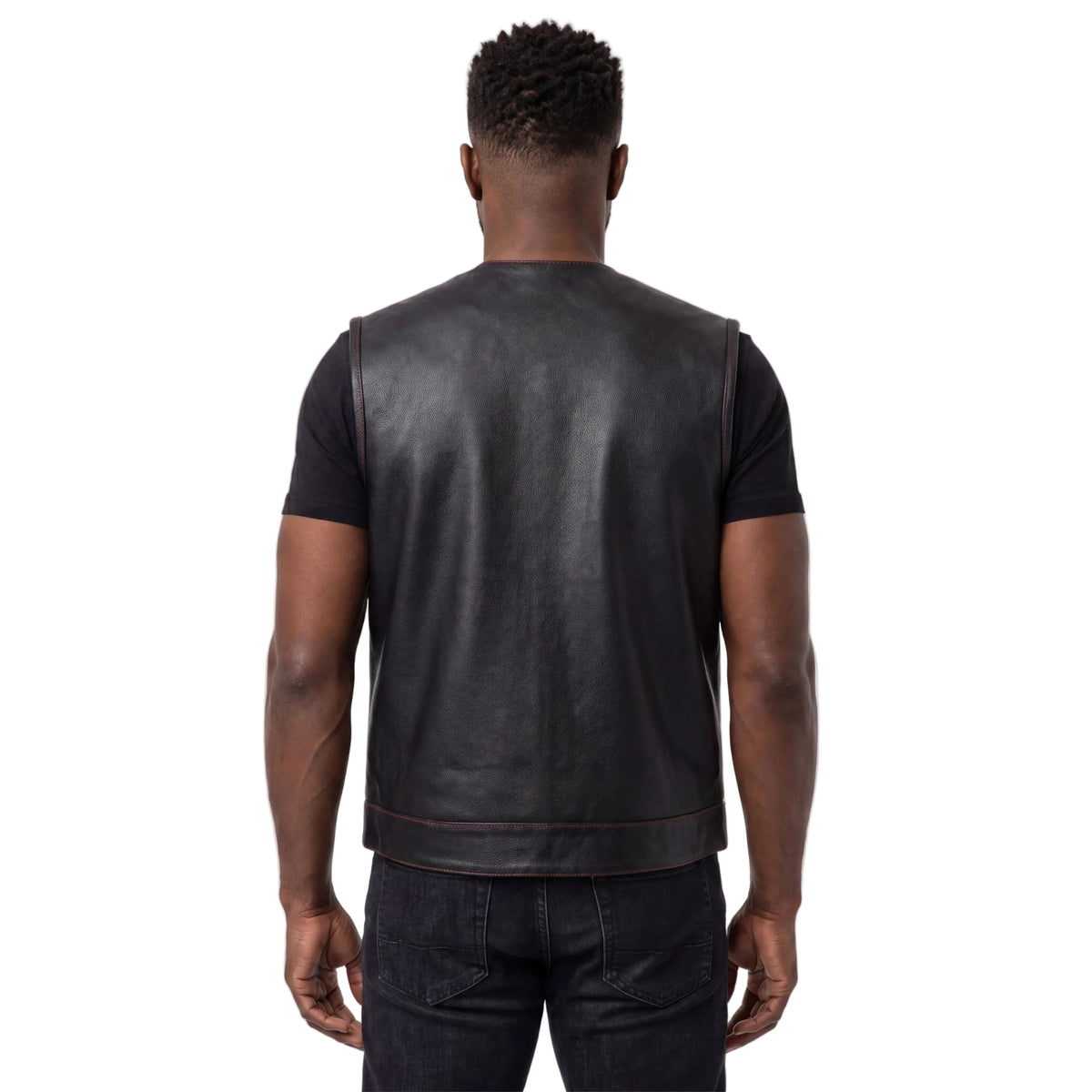 High Mileage Men's Black Premium Cowhide Leather SOA Style Club Vest With Quick Access Conceal Carry Pocket and Red Liner - back pose