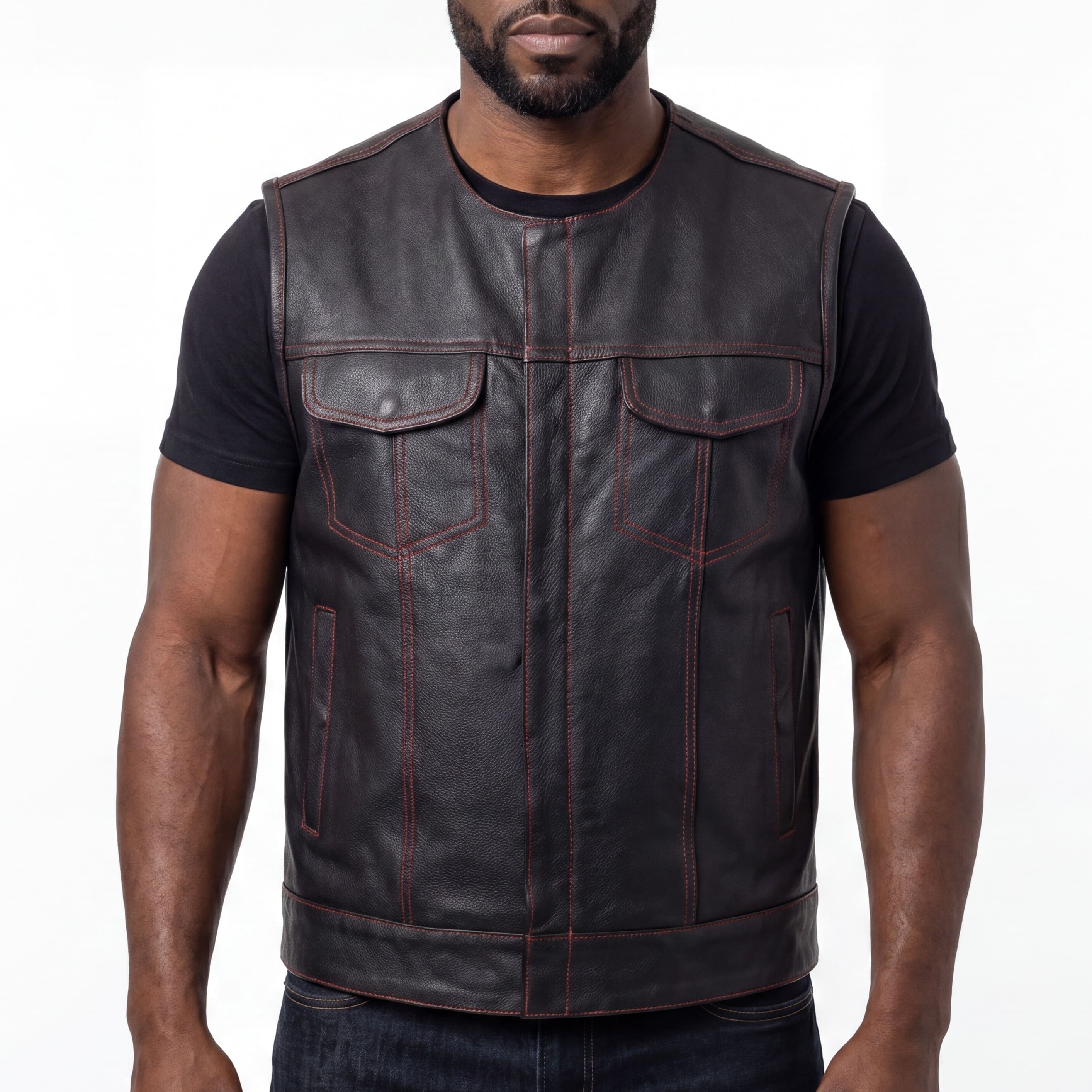 High Mileage Men's Black Premium Cowhide Leather SOA Style Club Vest With Quick Access Conceal Carry Pocket and Red Liner - front pose