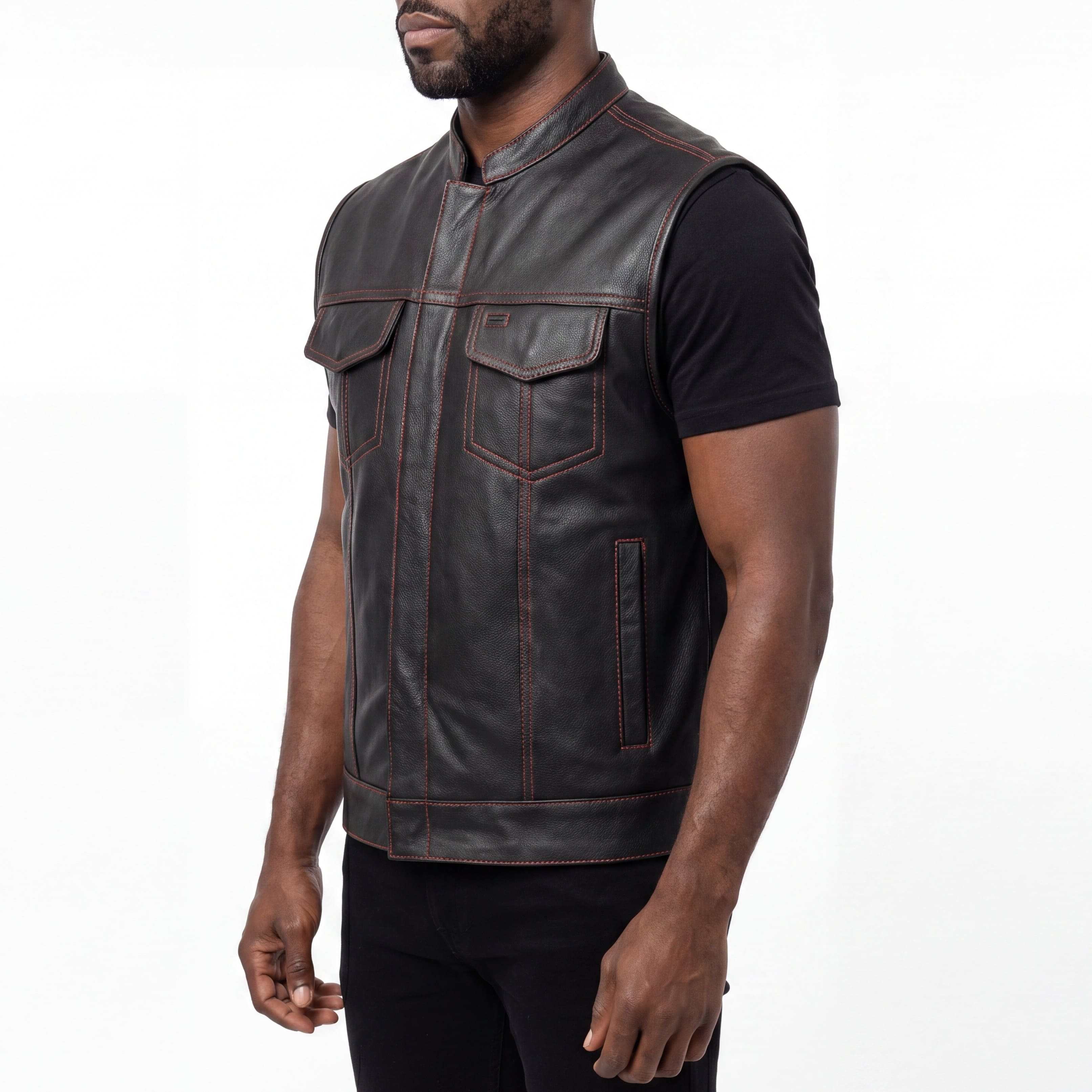 High Mileage Men's Zipper and Snap Closure Leather Club Vest with American Flag Liner and Red Stitching - side pose