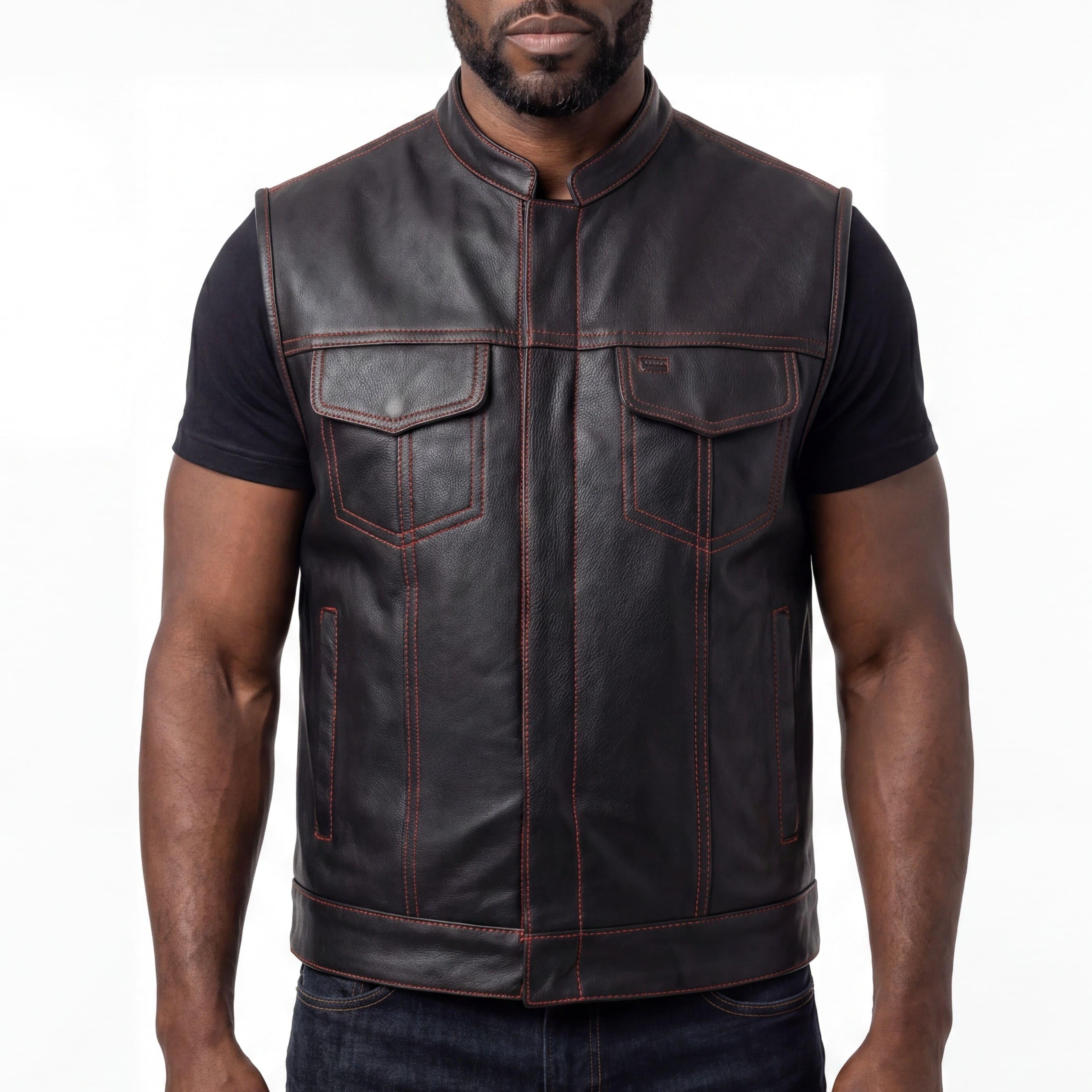 High Mileage Men's Zipper and Snap Closure Leather Club Vest with American Flag Liner and Red Stitching - front pose