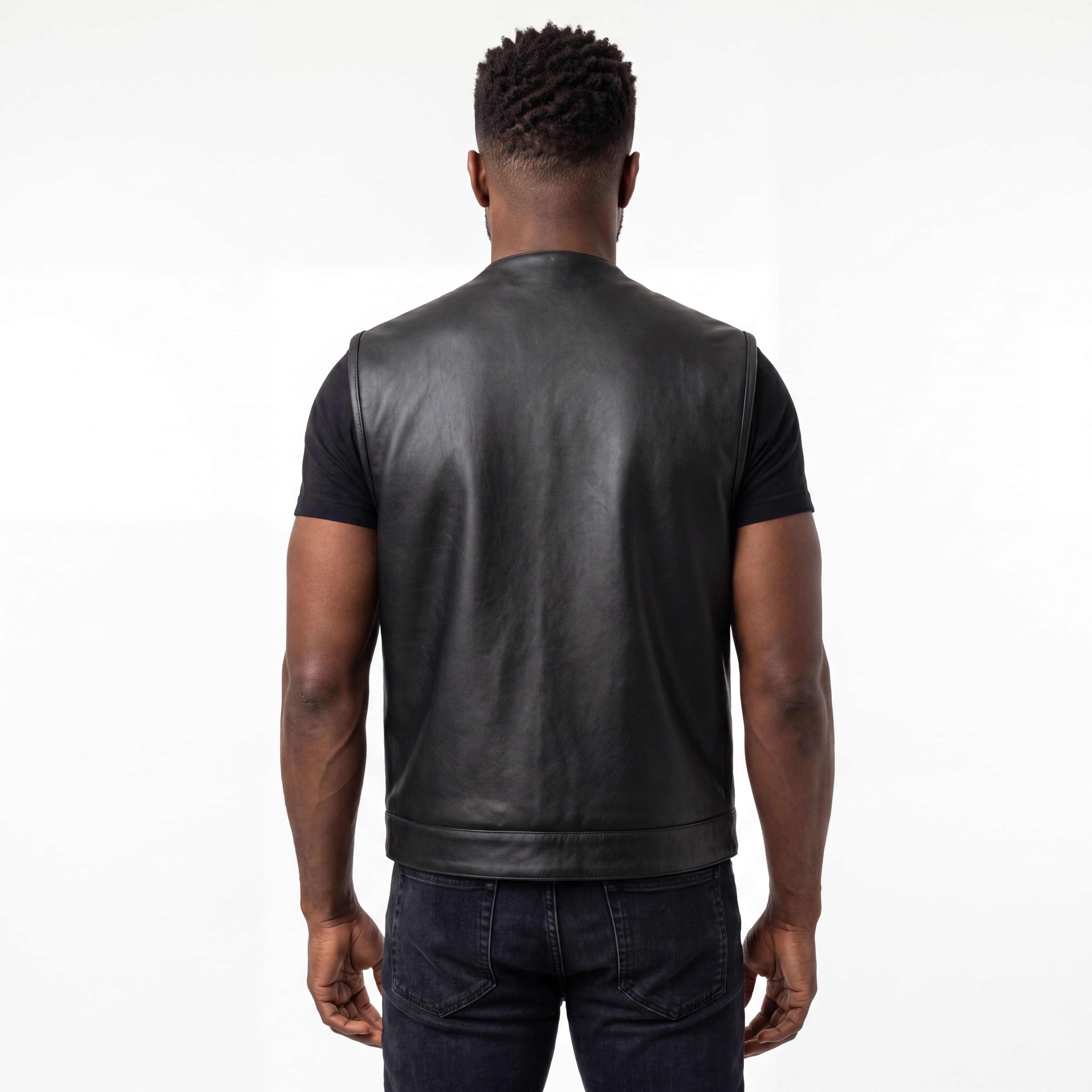 High Mileage Mens Zipper and Snap Closure Collarless Club Vest with American Flag Liner - back pose