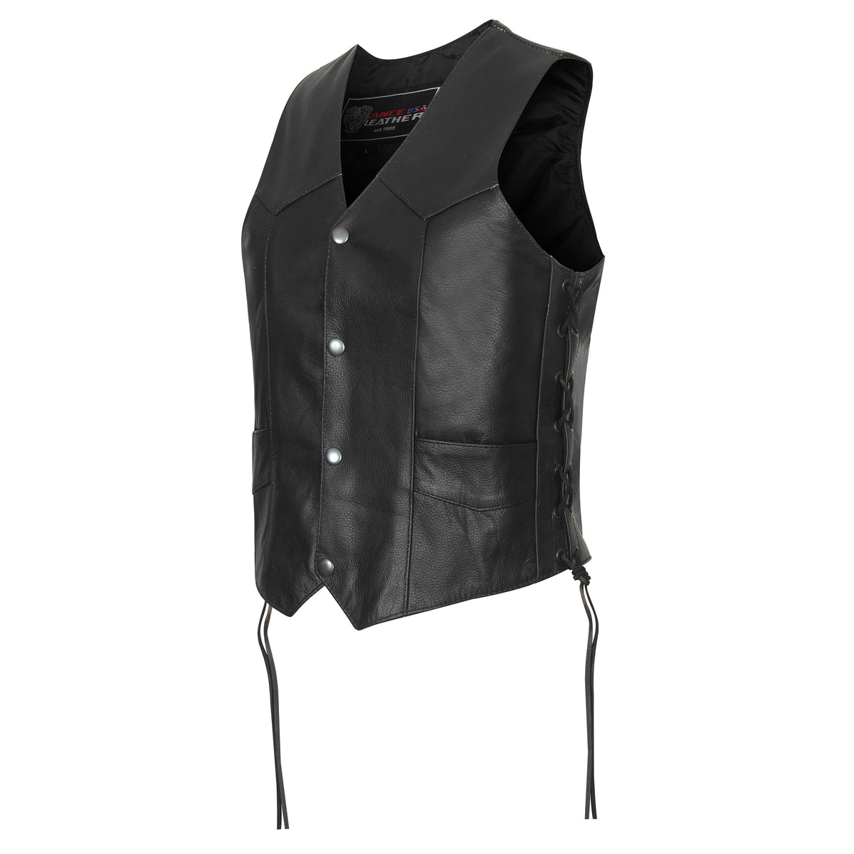 Angled view of Vance cowhide leather biker vest showing V-neck, Western yoke, and side laces