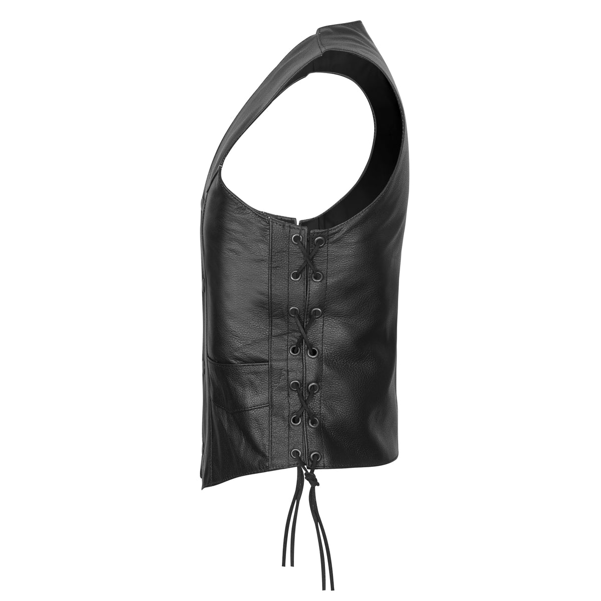 Side profile of Vance leather motorcycle vest highlighting adjustable side laces and grommets
